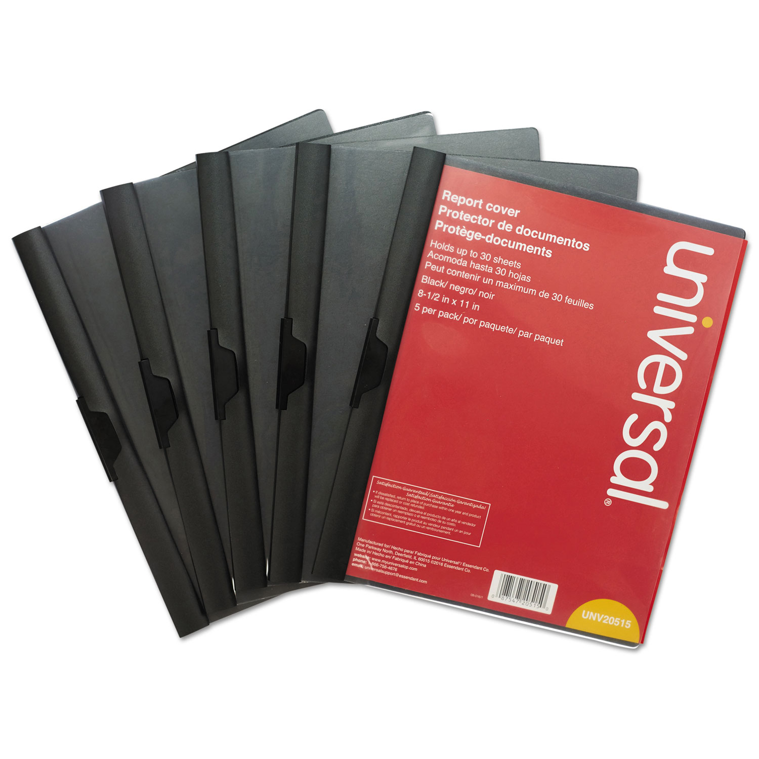  Universal UNV20515 Plastic Report Cover w/Clip, Letter, Holds 30 Pages, Clear/Black, 5/PK (UNV20515) 