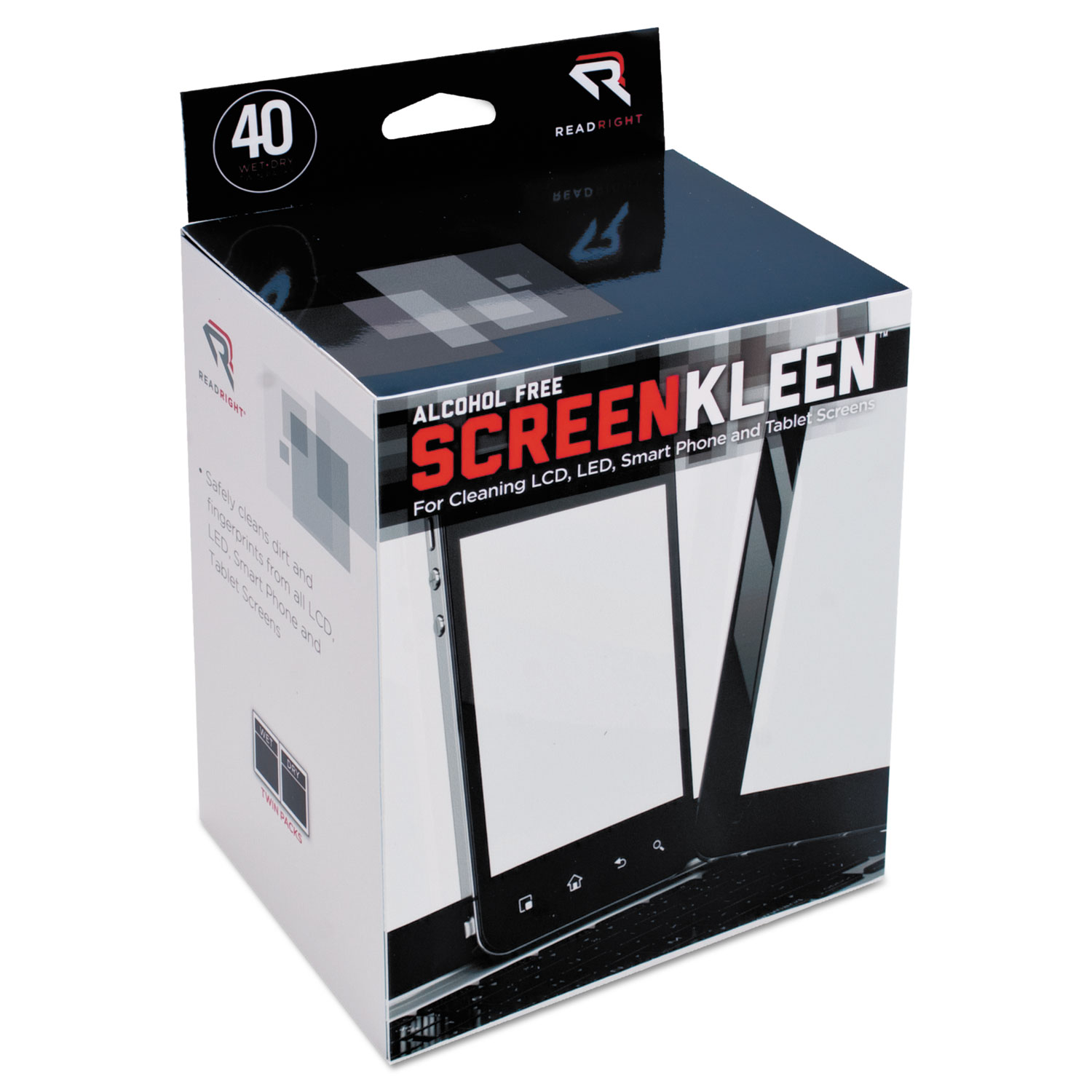  Read Right RR1391 ScreenKleen Alcohol-Free Wet Wipes, Cloth, 5 x 5, 40/Box (REARR1391) 