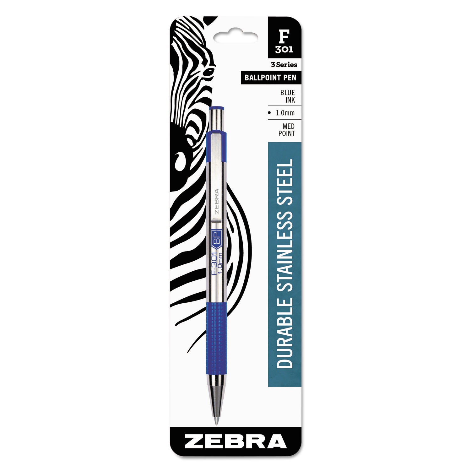  Zebra 27221 F-301 Retractable Ballpoint Pen, 1mm, Blue Ink, Stainless Steel/Blue Barrel (ZEB27221) 
