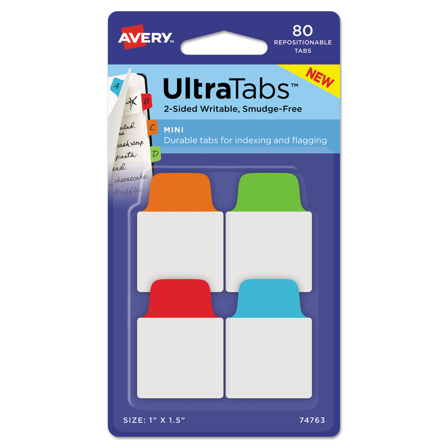 Ultra Tabs Repositionable Mini Tabs, 1/5-Cut Tabs, Assorted Primary Colors, 1" Wide, 80/Pack