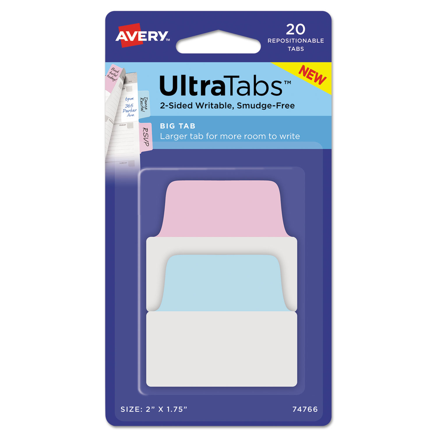  Avery 74766 Ultra Tabs Repositionable Big Tabs, 1/5-Cut Tabs, Assorted Pastels, 2 Wide, 20/Pack (AVE74766) 