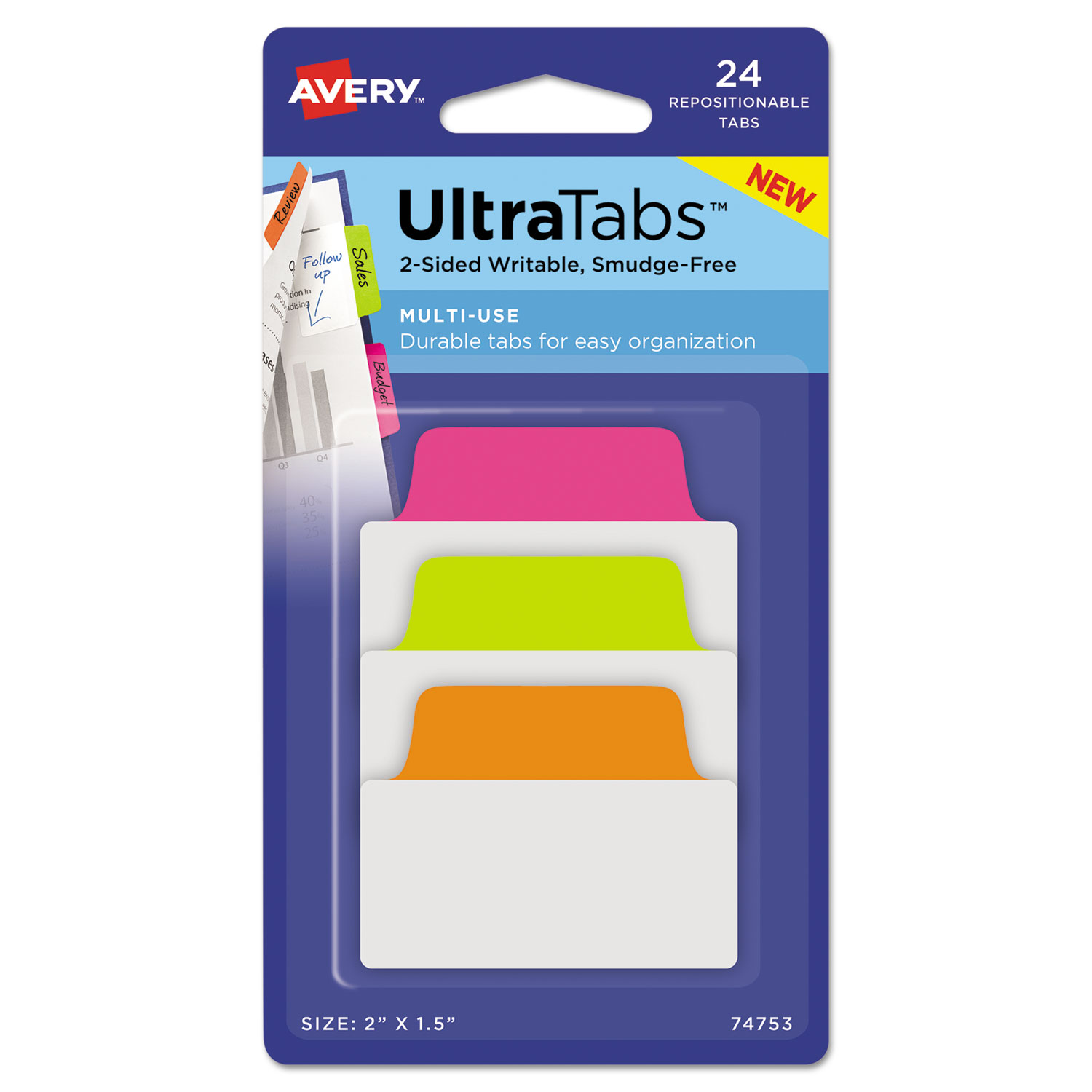 Ultra Tabs Repositionable Standard Tabs, 1/5-Cut Tabs, Assorted Neon, 2" Wide, 24/Pack