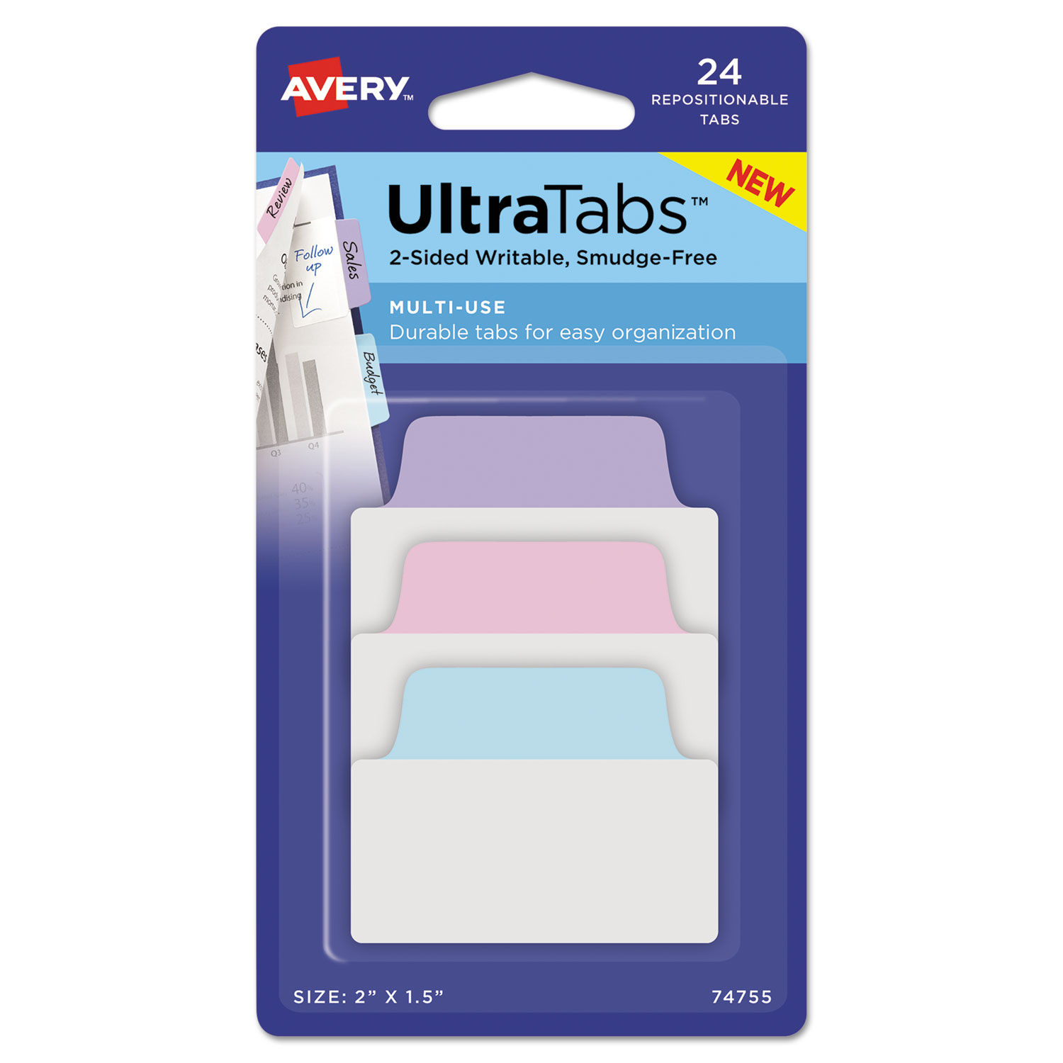  Avery 74755 Ultra Tabs Repositionable Standard Tabs, 1/5-Cut Tabs, Assorted Pastels, 2 Wide, 24/Pack (AVE74755) 