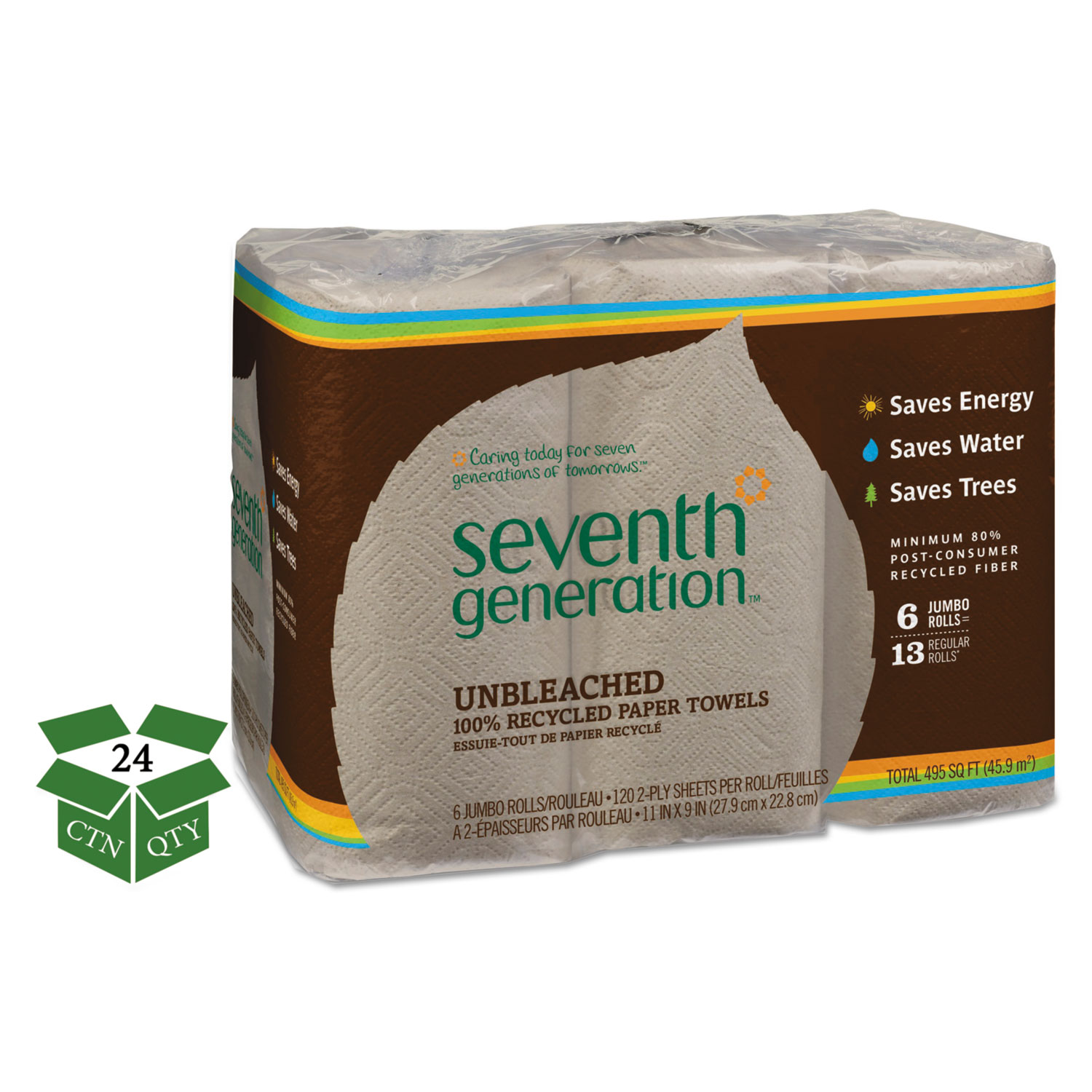  Seventh Generation SEV 13737 Natural Unbleached 100% Recycled Paper Towel Rolls, 11 x 9, 120 SH/RL, 24 RL/CT (SEV13737) 