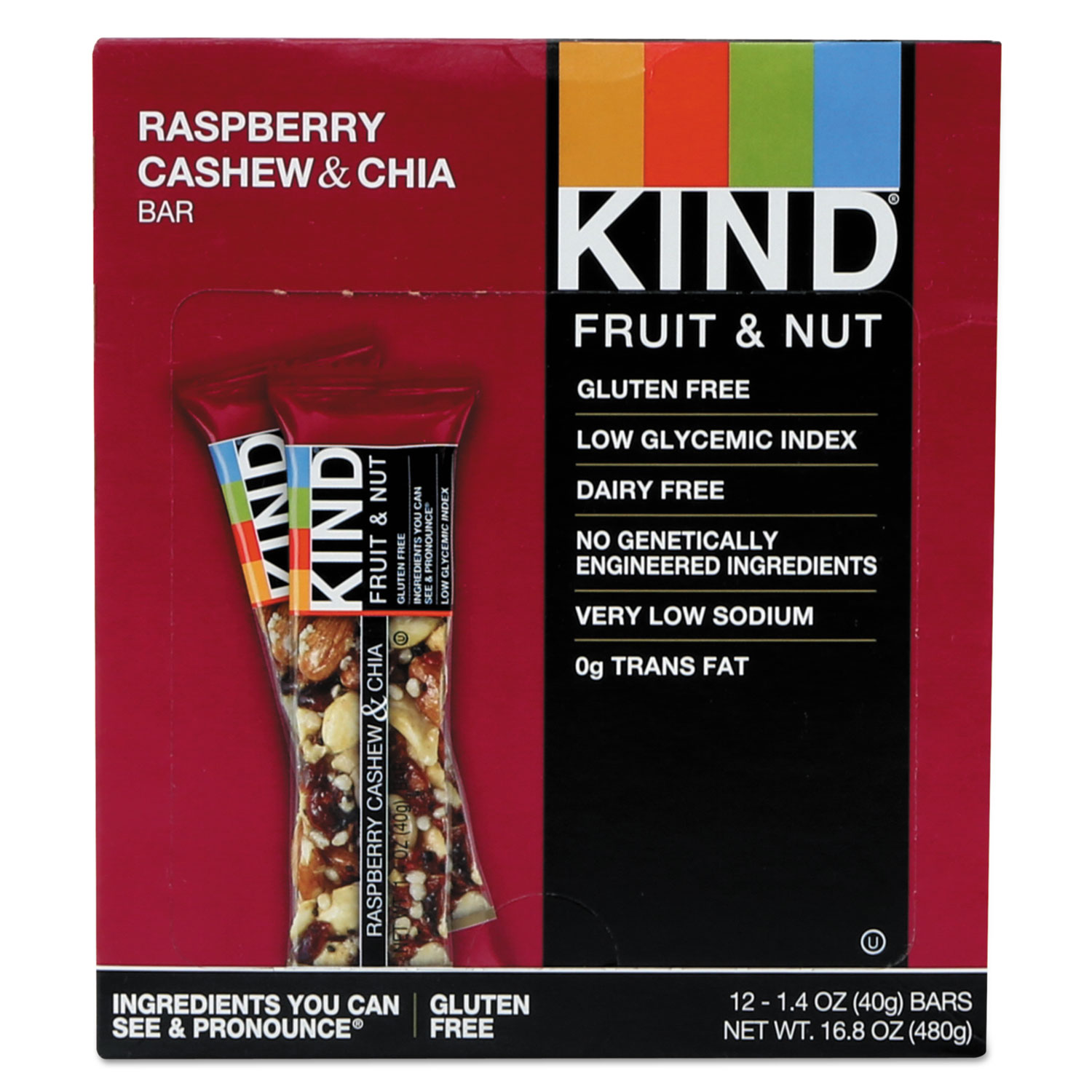 Fruit and Nut Bars, Raspberry Cashew & Chia, 1.4 oz Bar, 12/Box