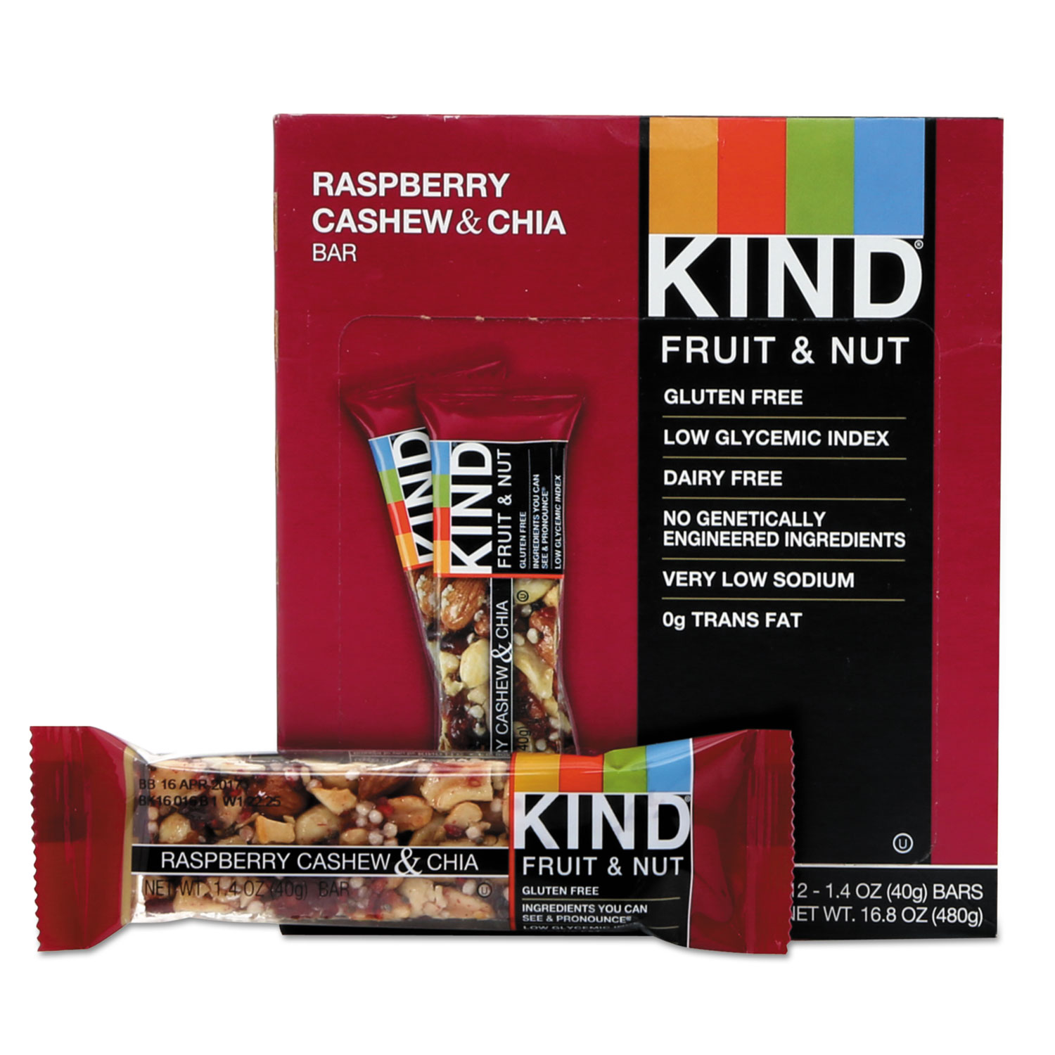  KIND 19989 Fruit and Nut Bars, Raspberry Cashew & Chia, 1.4 oz Bar, 12/Box (KND19989) 