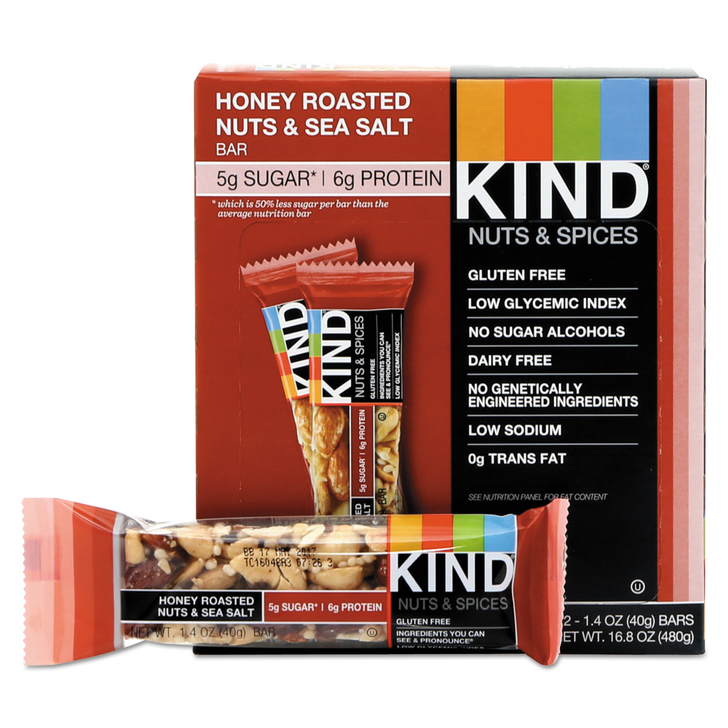  KIND 19990 Nuts and Spices Bar, Honey Roasted Nuts/Sea Salt, 1.4 oz Bar, 12/Box (KND19990) 