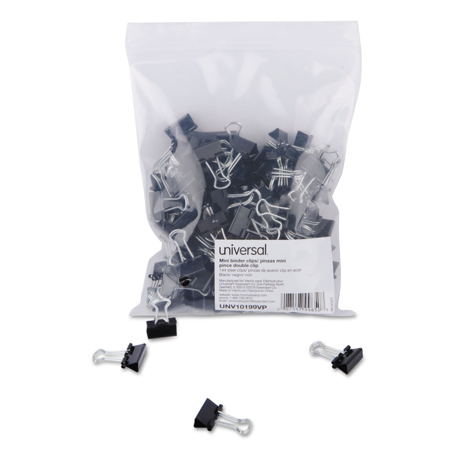  Universal UNV10199VP Binder Clips in Zip-Seal Bag, Mini, Black/Silver, 144/Pack (UNV10199VP) 