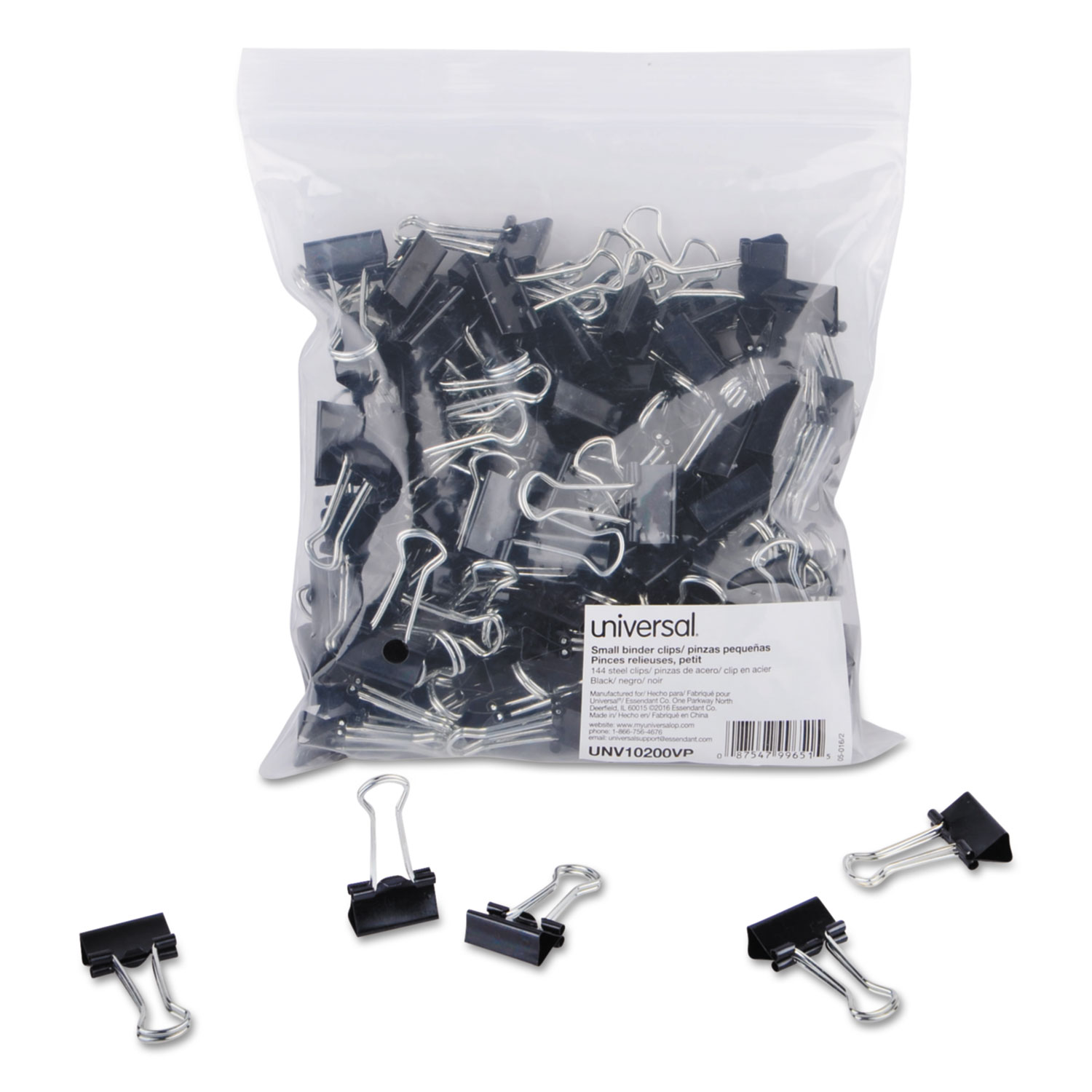  Universal UNV10200VP Binder Clips in Zip-Seal Bag, Small, Black/Silver, 144/Pack (UNV10200VP) 