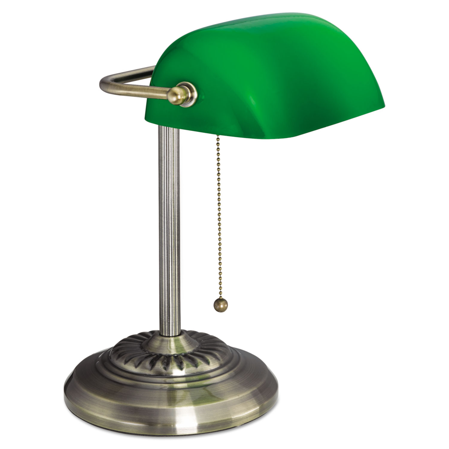 Traditional Bankers Lamp, Green Glass Shade, Antique Brass Base, 14h