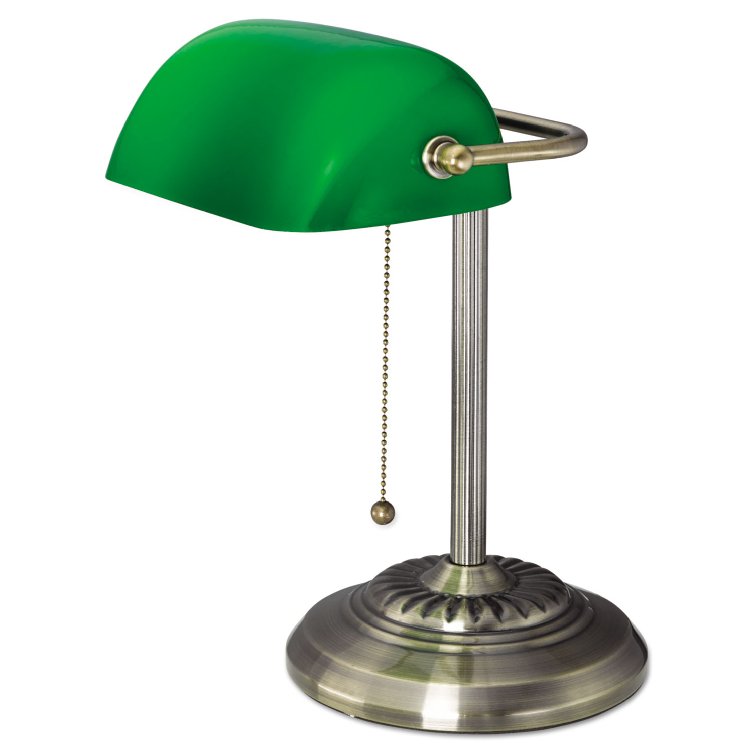 Traditional Banker's Lamp, Green Glass Shade, Antique Brass Base, 14