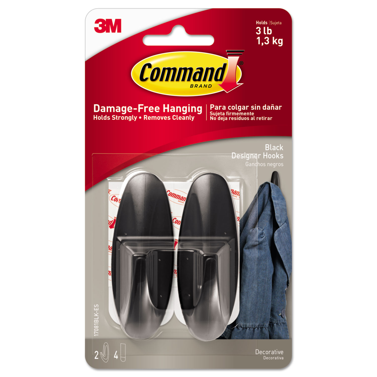  Command 17081BLK-ES Designer Hooks, Plastic, Black, 3 lb Cap, 2 Hooks and 4 Strips/Pack (MMM17081BLKES) 