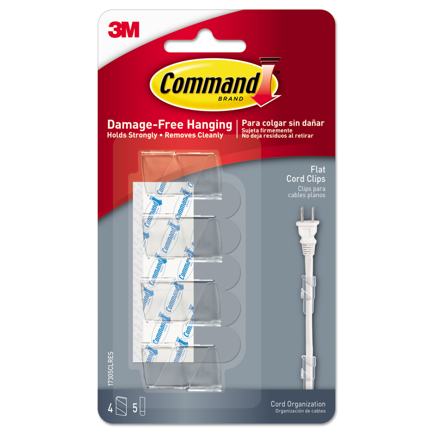  Command 17305CLRES Cord Clip, Flat; with Adhesive, 0.75w, Clear, 4/Pack (MMM17305CLRES) 