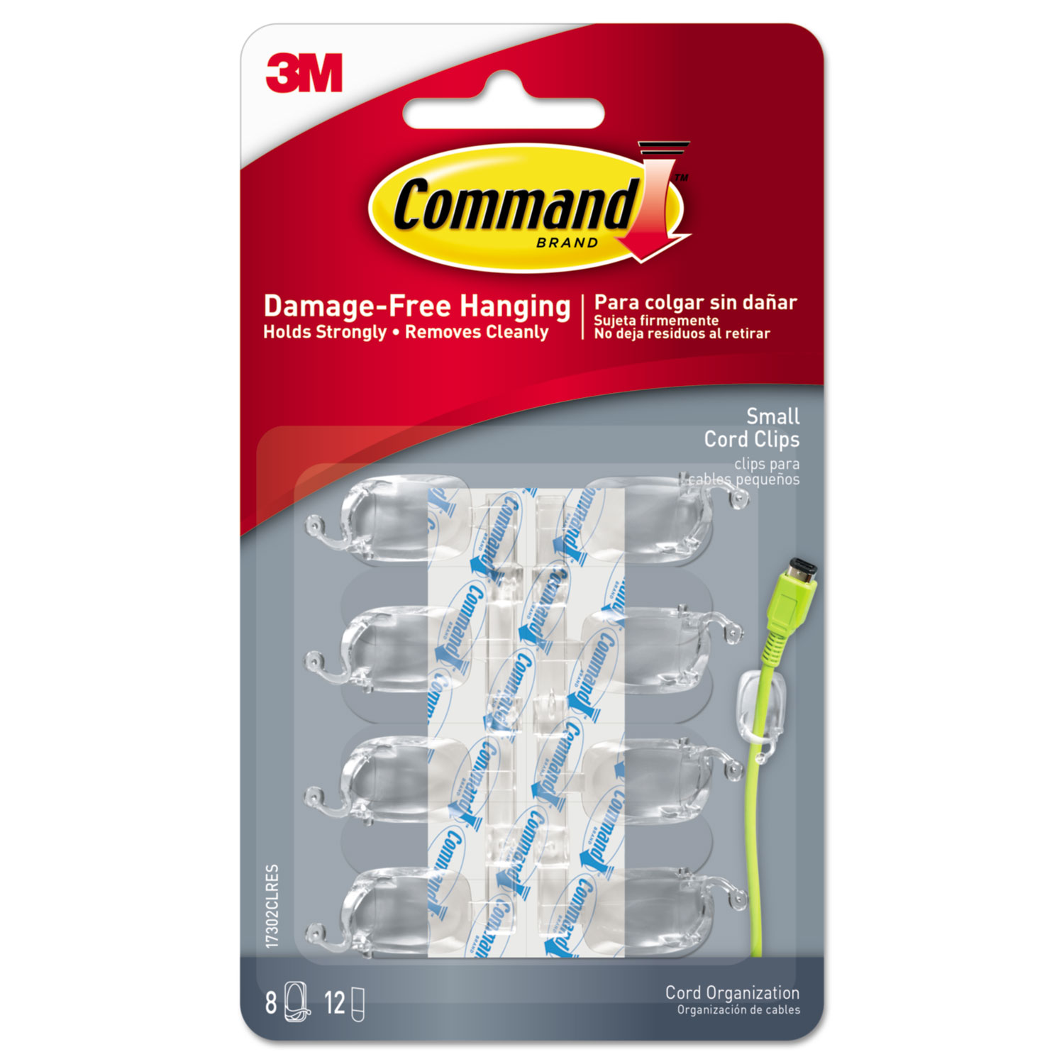  Command 17302CLRES Cord Clip, Small, with Adhesive, 0.5w, Clear, 8/Pack (MMM17302CLRES) 