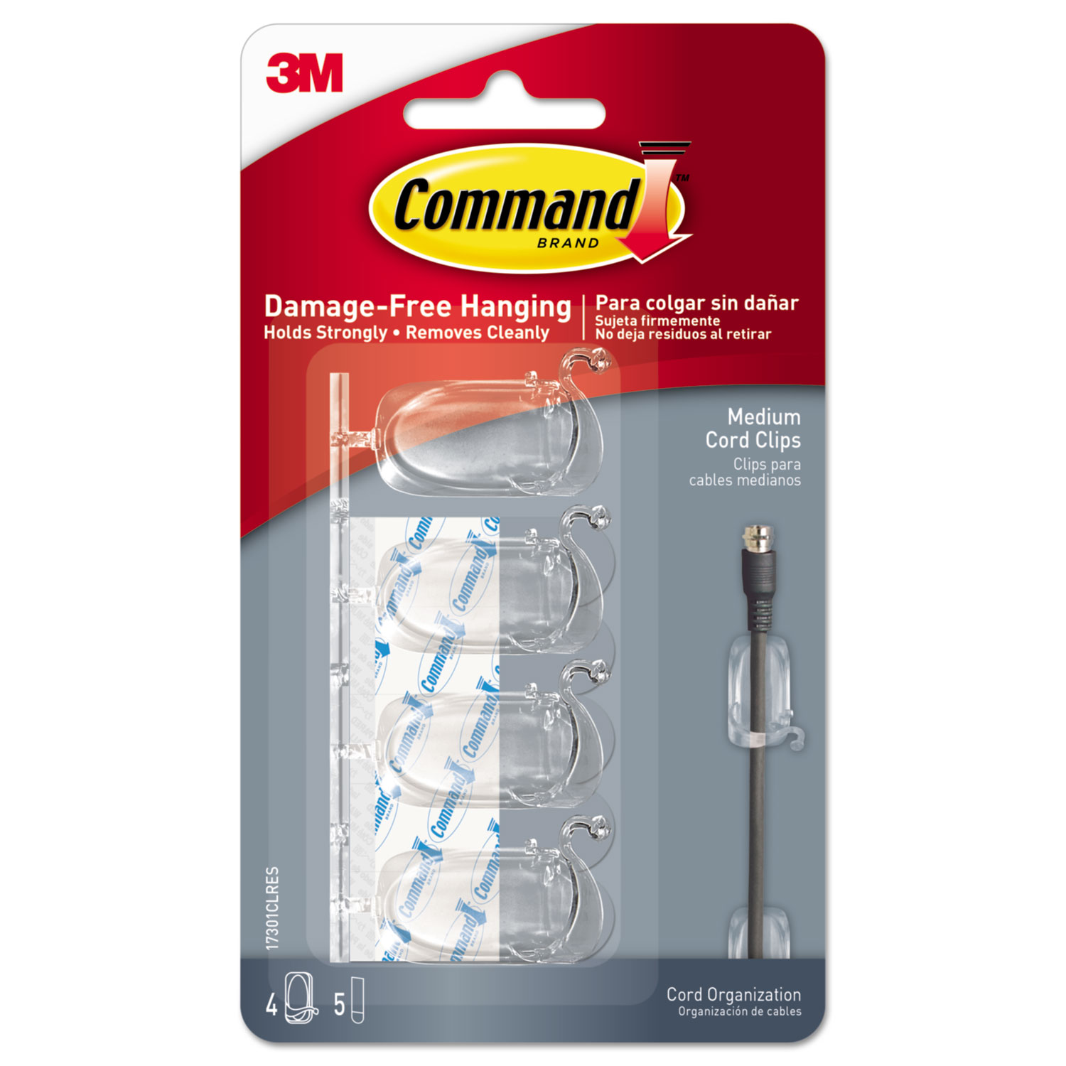  Command 17301CLRES Cord Clip, Medium, with Adhesive, 0.63w, Clear, 4/Pack (MMM17301CLRES) 