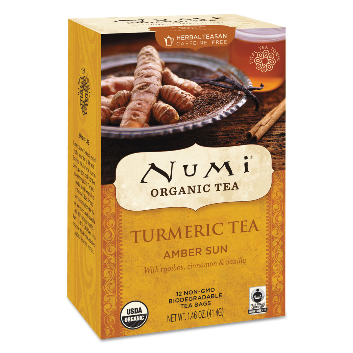  Numi 10552 Turmeric Tea, Amber Sun, 1.46 oz Bag, 12/Box (NUM10552) 