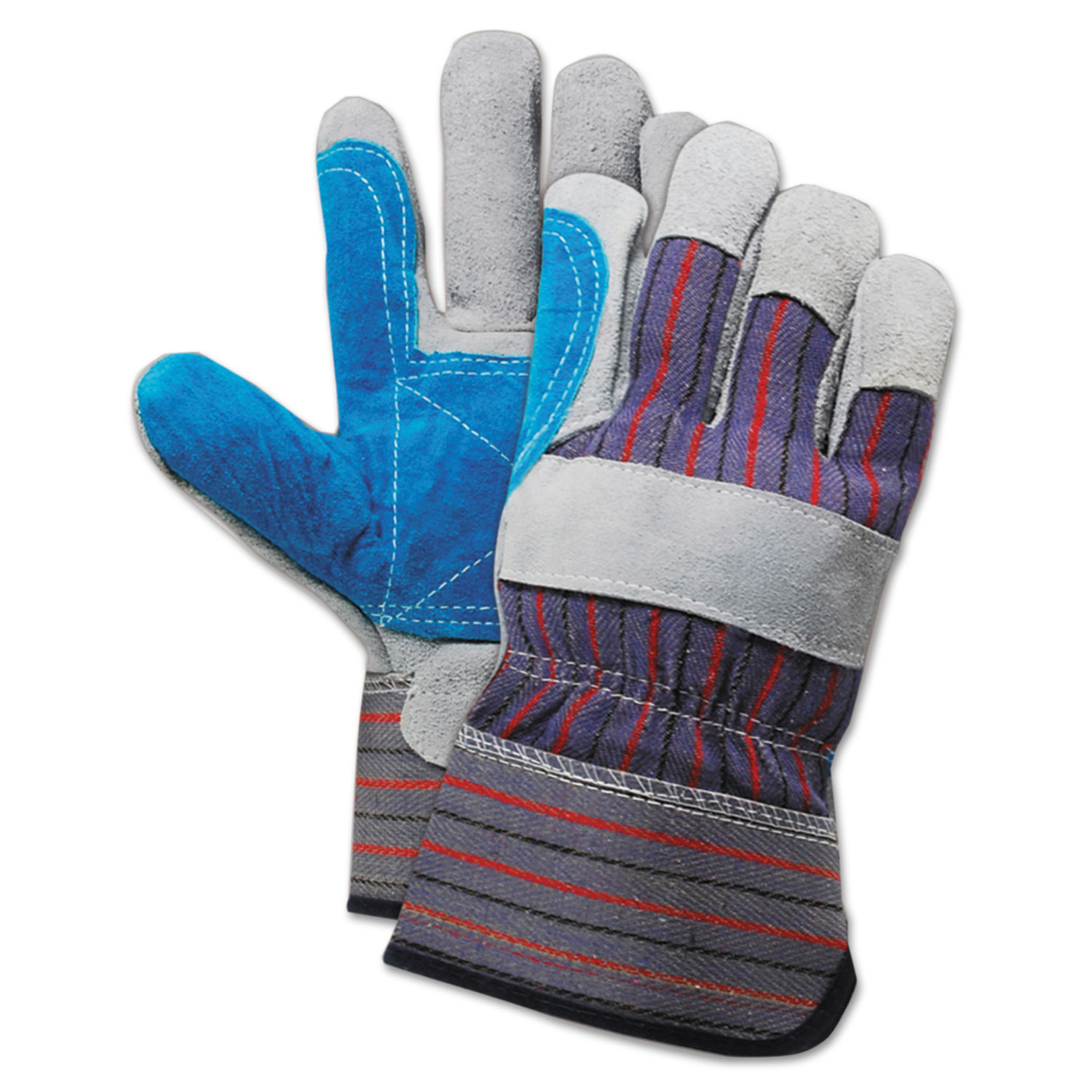 Cow Split Leather Double Palm Gloves, Gray/Blue, Large, 1 Dozen