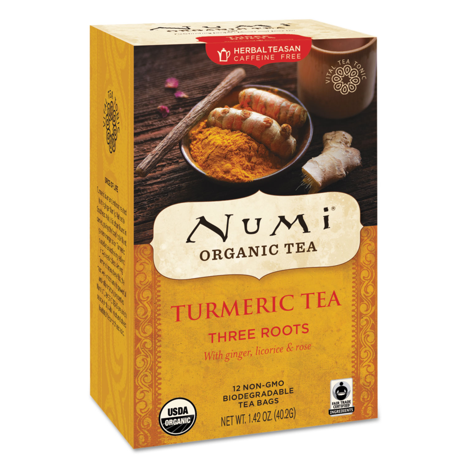  Numi 10550 Turmeric Tea, Three Roots, 1.42 oz Bag, 12/Box (NUM10550) 