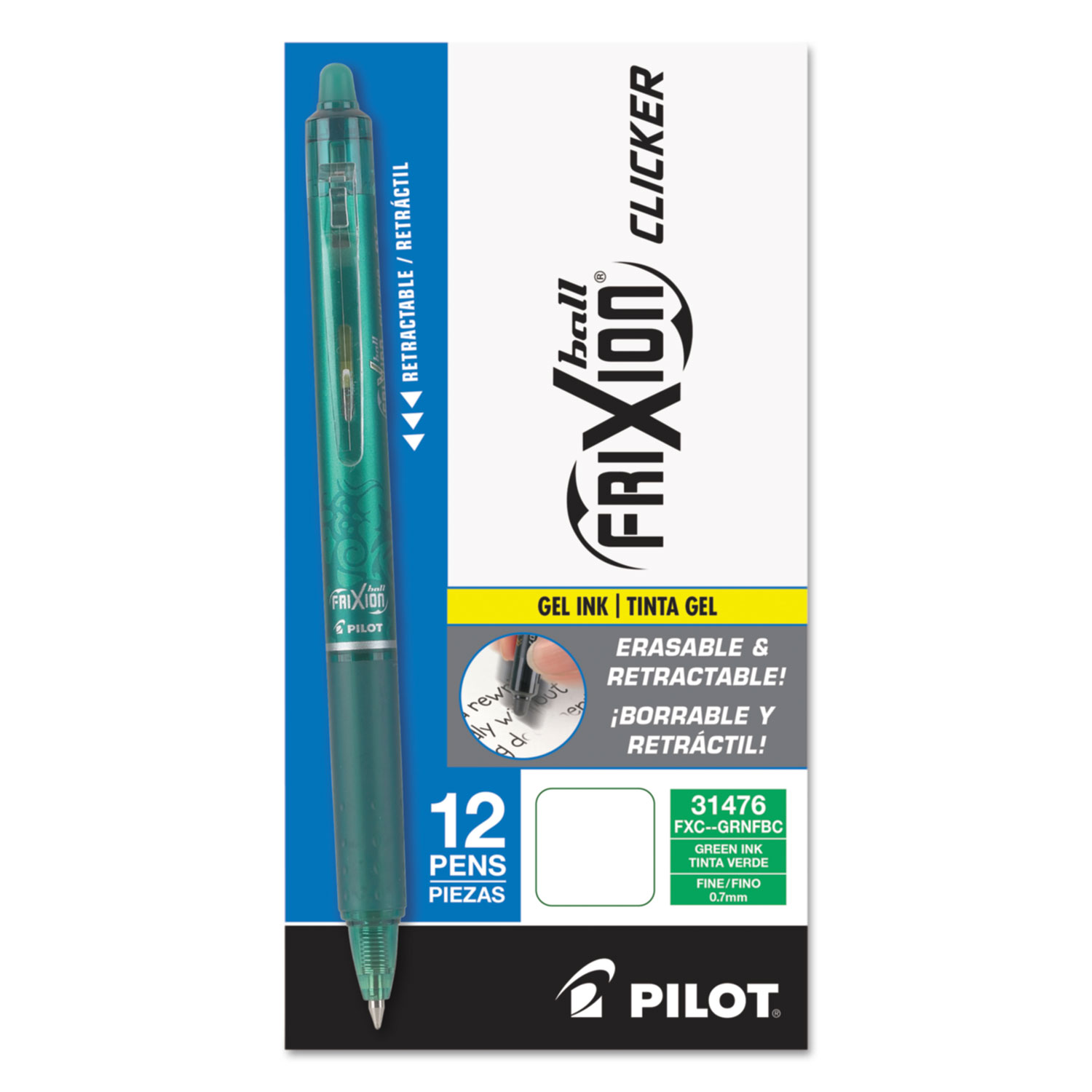 FriXion Clicker Erasable Gel Ink Retractable Pen, Green Ink, .7mm, Dozen