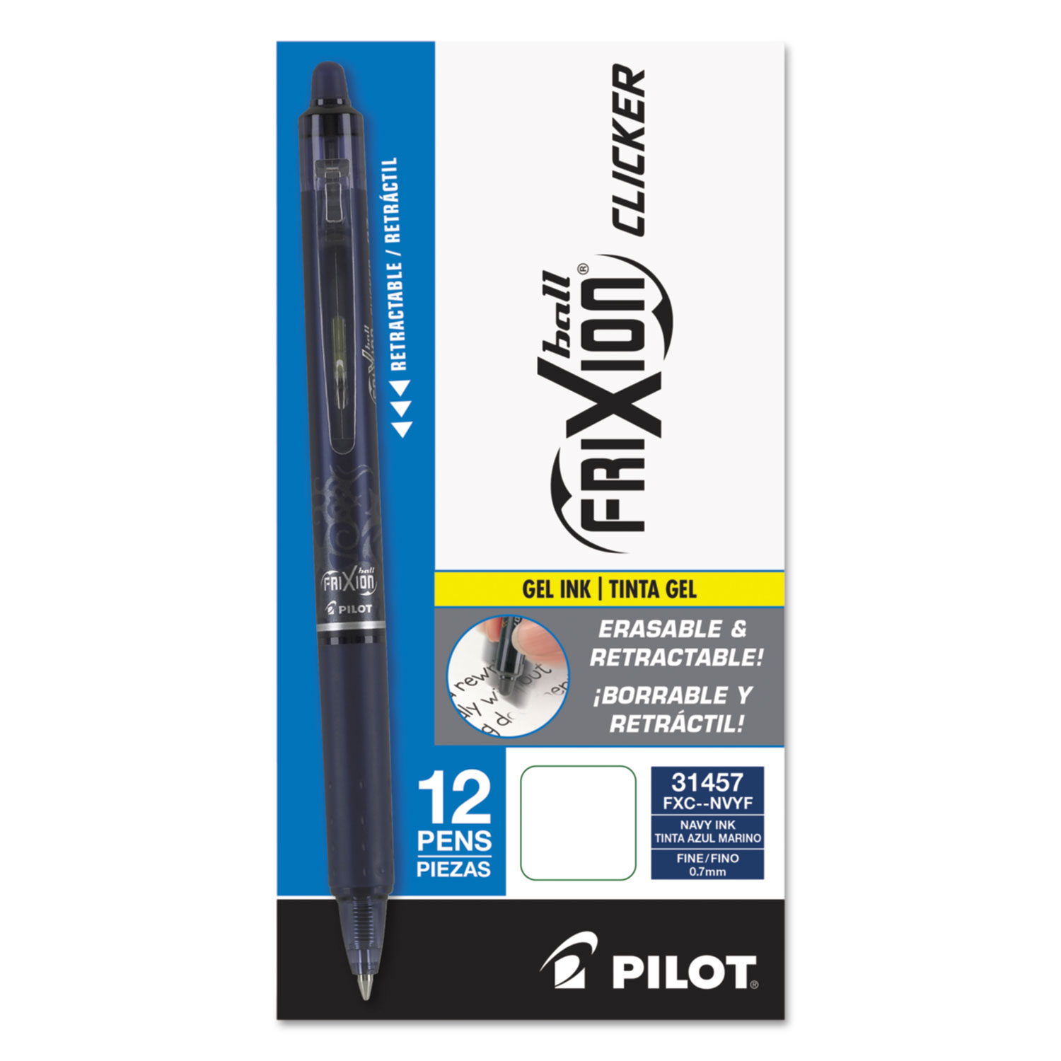 FriXion Clicker Erasable Gel Ink Retractable Pen, Navy Ink, .7mm, Dozen
