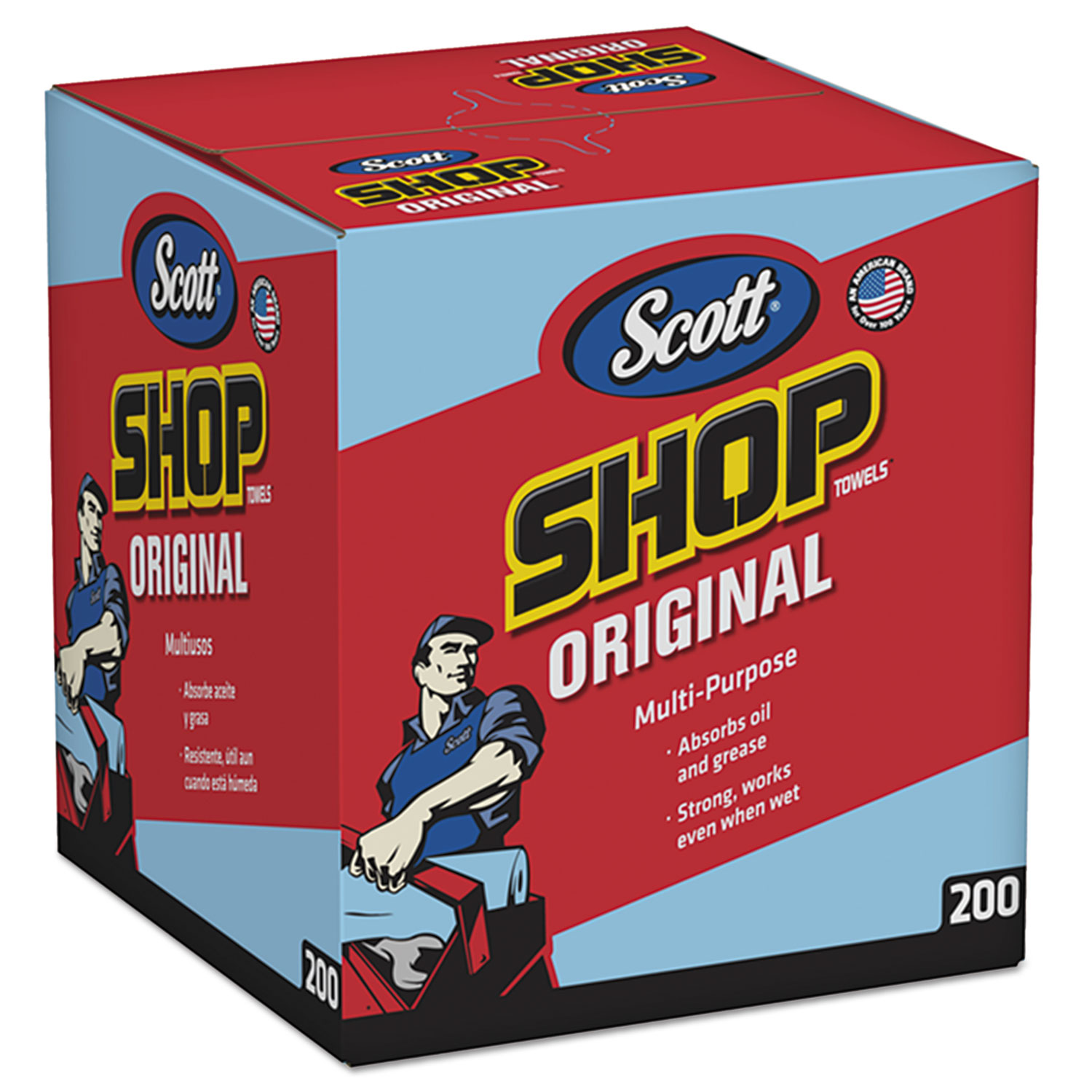  Scott 75190 Shop Towels, POP-UP Box, Blue, 10 x 12, 200/Box, 8 Boxes/Carton (KCC75190) 