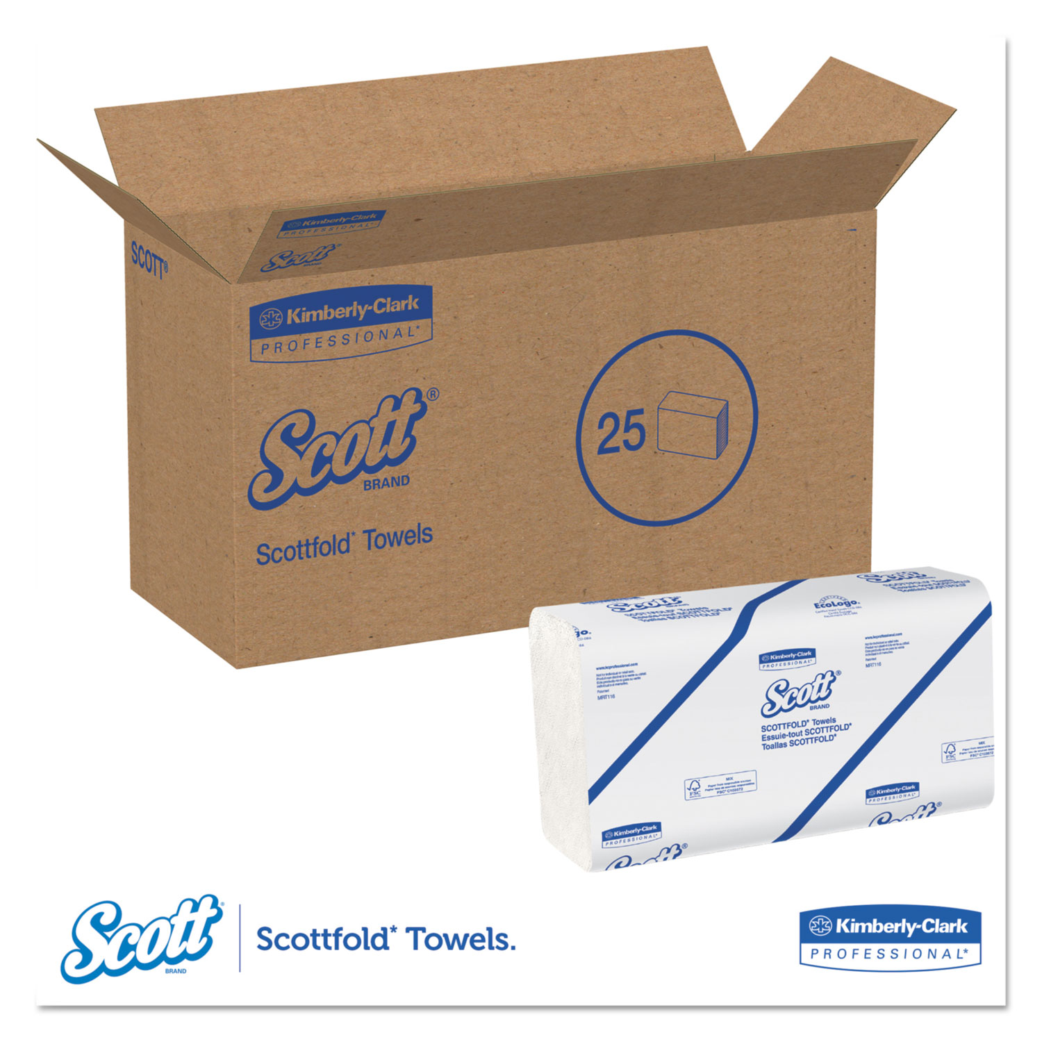 SCOTTFOLD Paper Towels, 9 2/5 x 12 2/5, White, 175 Towels/Pack, 25 Packs/Carton