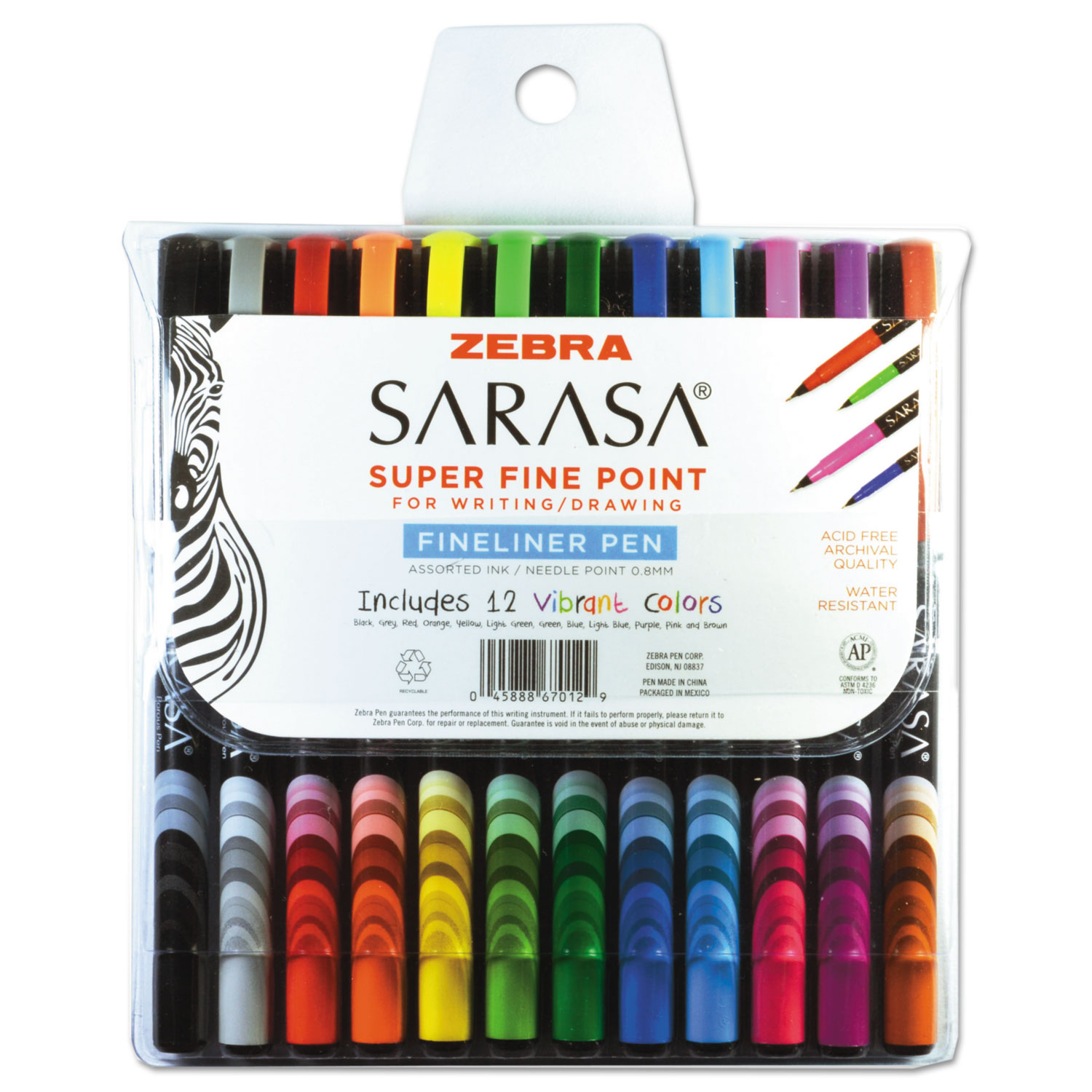  Zebra 67012 Sarasa Stick Porous Point Pen, Fine 0.8mm, Assorted Ink/Barrel, 12/Set (ZEB67012) 