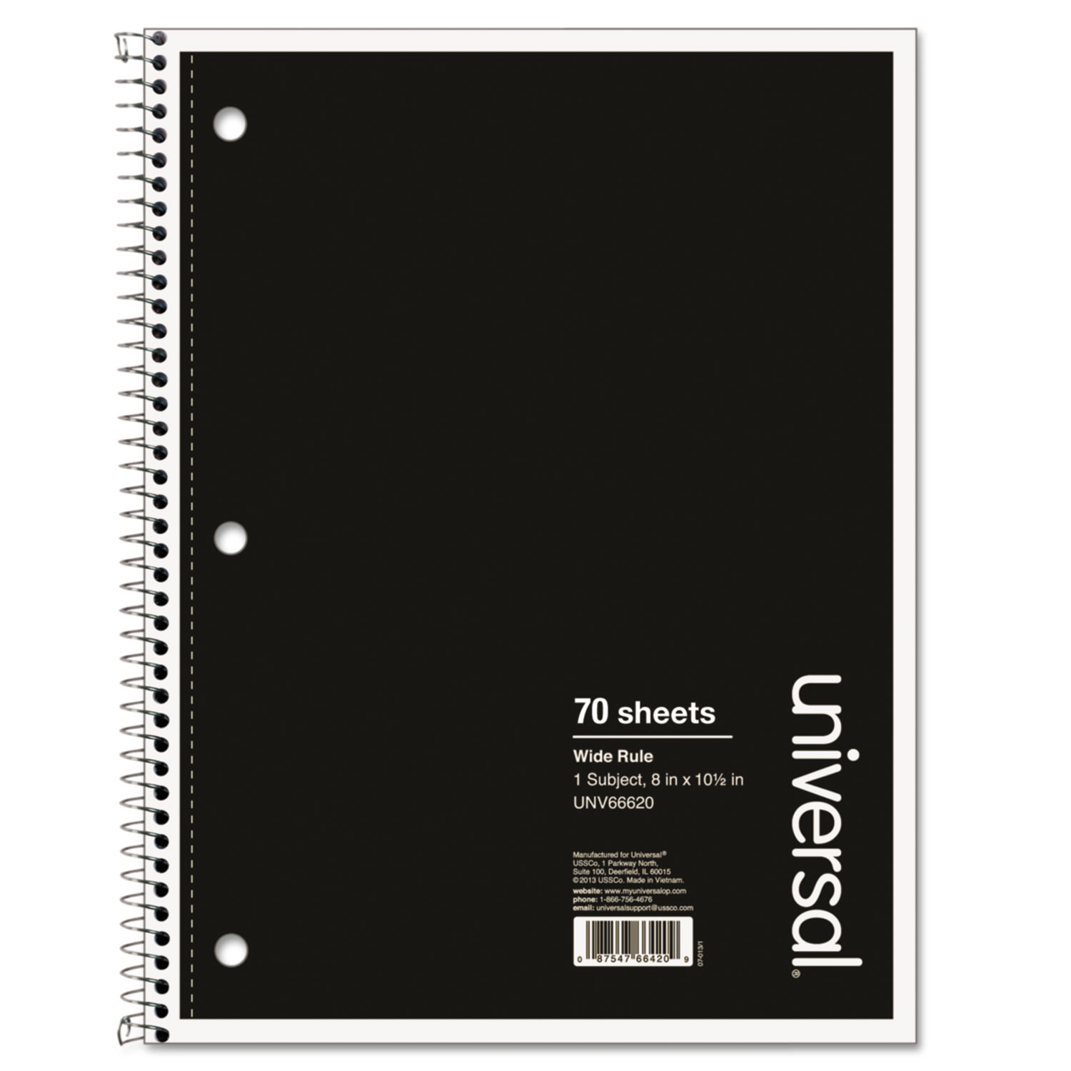  Universal UNV66620 Wirebound Notebook, 1 Subject, Wide/Legal Rule, Black Cover, 10.5 x 8, 70 Sheets (UNV66620) 