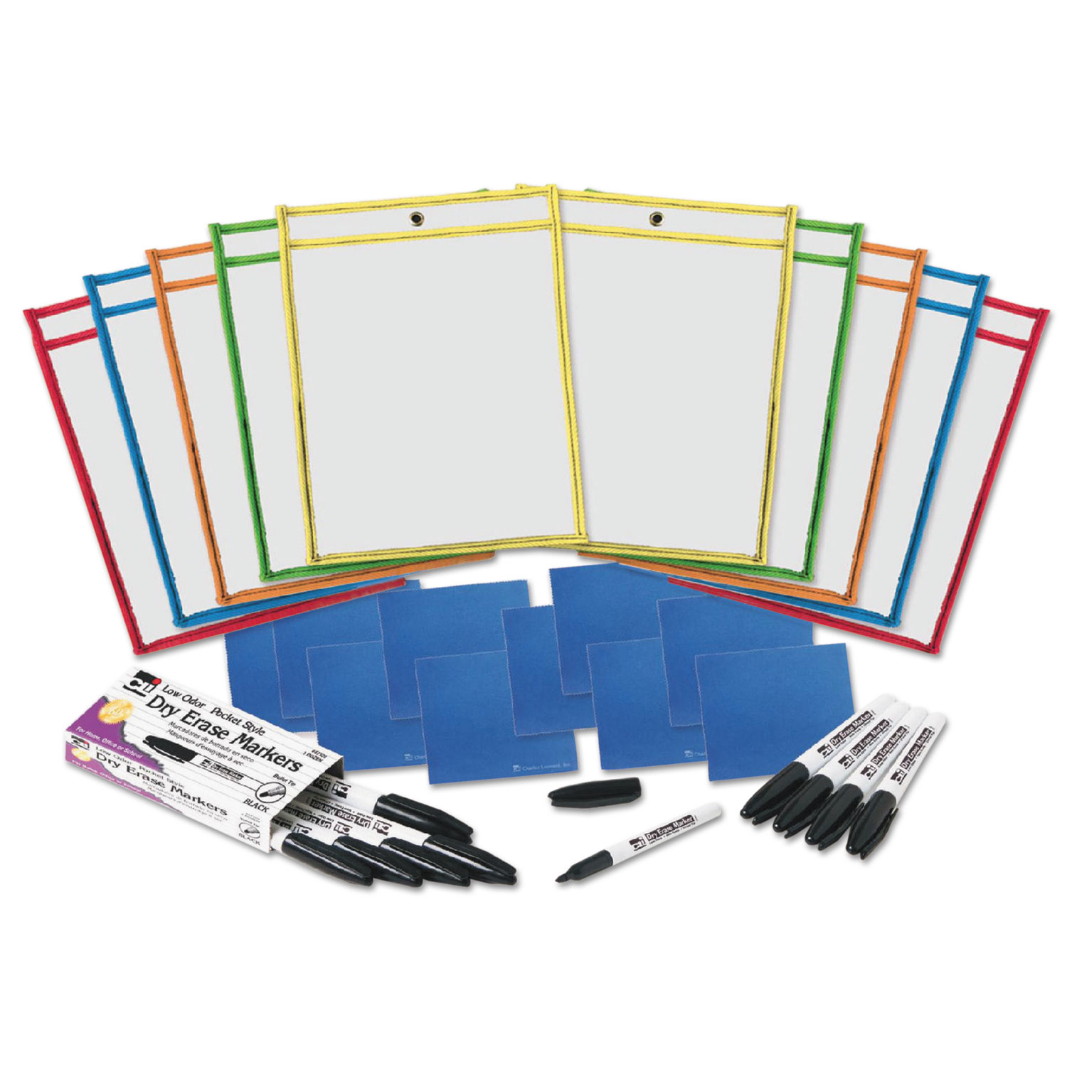  Charles Leonard 29130 Dry Erase Pocket Class Pack, Assorted Primary Colors, 10/Pack (LEO29130) 