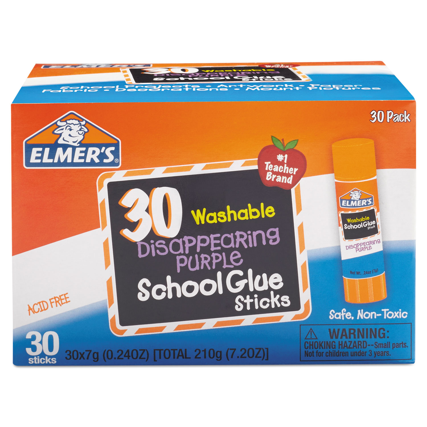  Elmer's E555 Washable School Glue Sticks, 0.24 oz, Applies Purple, Dries Clear, 30/Box (EPIE555) 