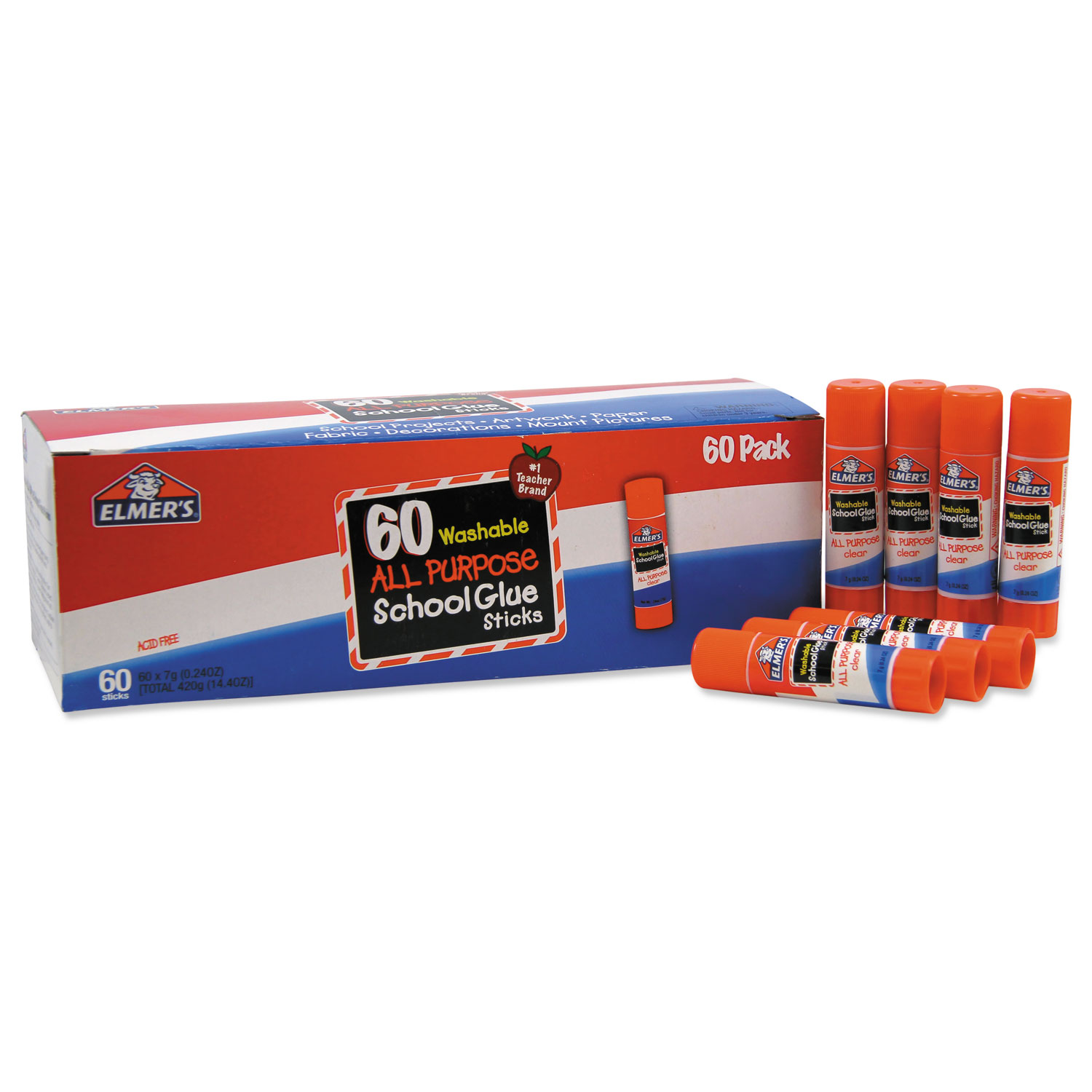  Elmer's E501 Washable School Glue Sticks, 0.24 oz, Applies and Dries Clear, 60/Box (EPIE501) 