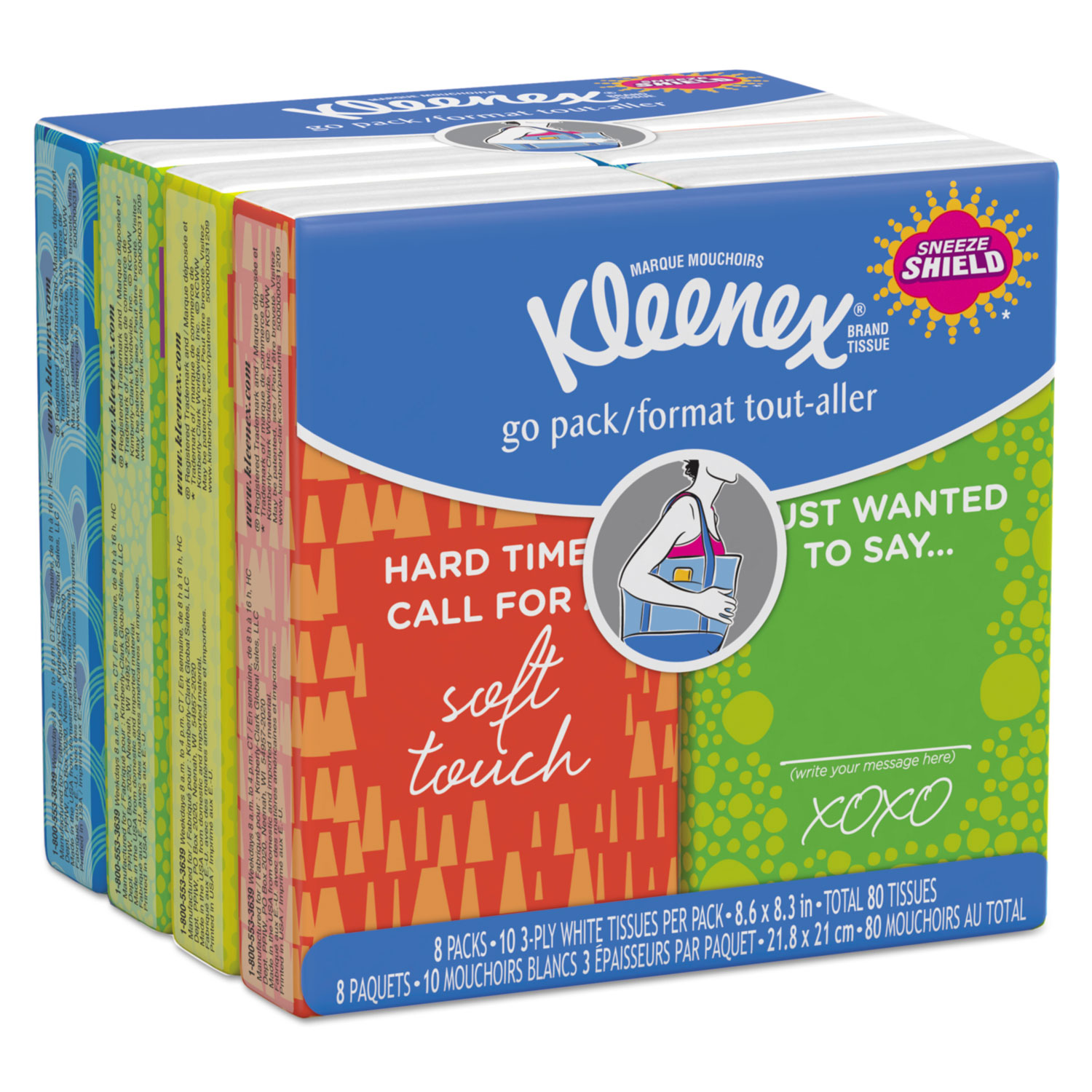  Kleenex 46651 On The Go Packs Facial Tissues, 3-Ply, White, 10 Sheets/Pouch, 8 Pouches/Pack (KCC46651) 