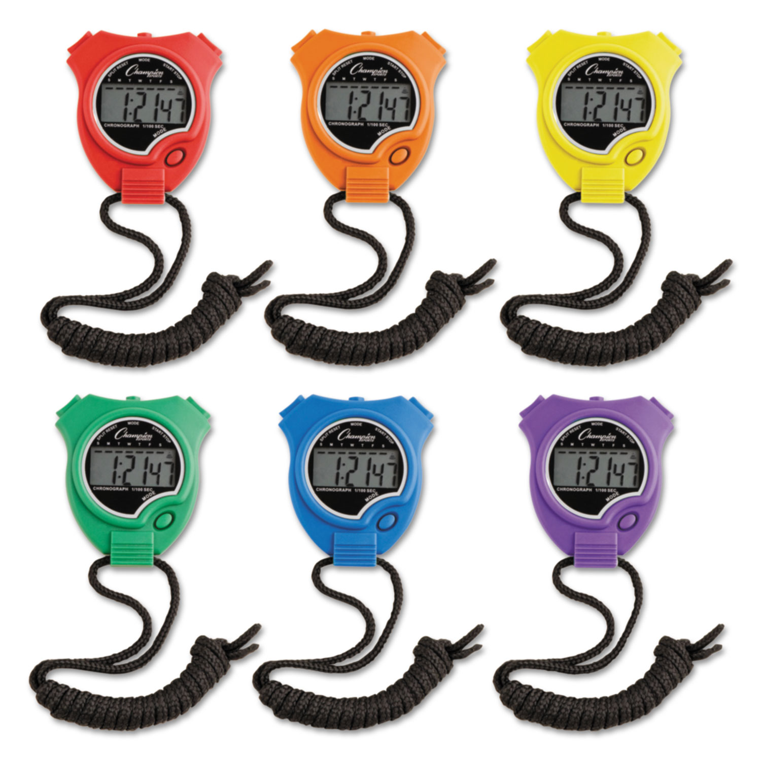 Water-Resistant Stopwatches, 1/100 Second, Assorted Colors, 6/Set