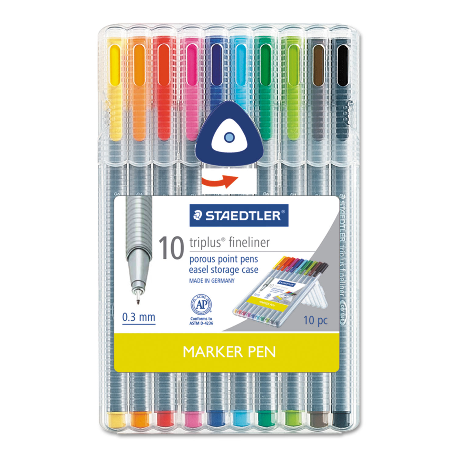  Staedtler 334 SB10A6 Triplus Fineliner Stick Porous Point Pen, Extra-Fine Needle Tip, 0.3mm, Assorted Ink, Silver Barrel, 10/Set (STD334SB10A6) 
