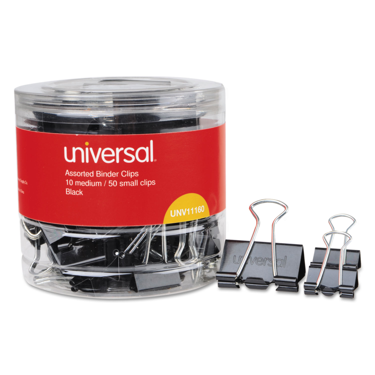  Universal UNV11160 Binder Clips in Dispenser Tub, Assorted Sizes, Black/Silver, 60/Pack (UNV11160) 