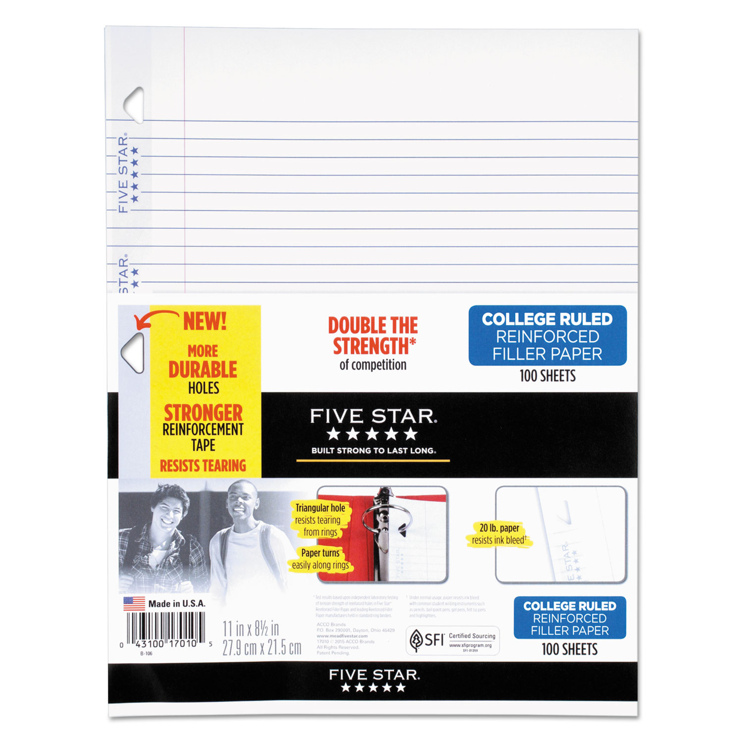Reinforced Filler Paper, 3-Hole, 8.5 x 11, College Rule, 100/Pack