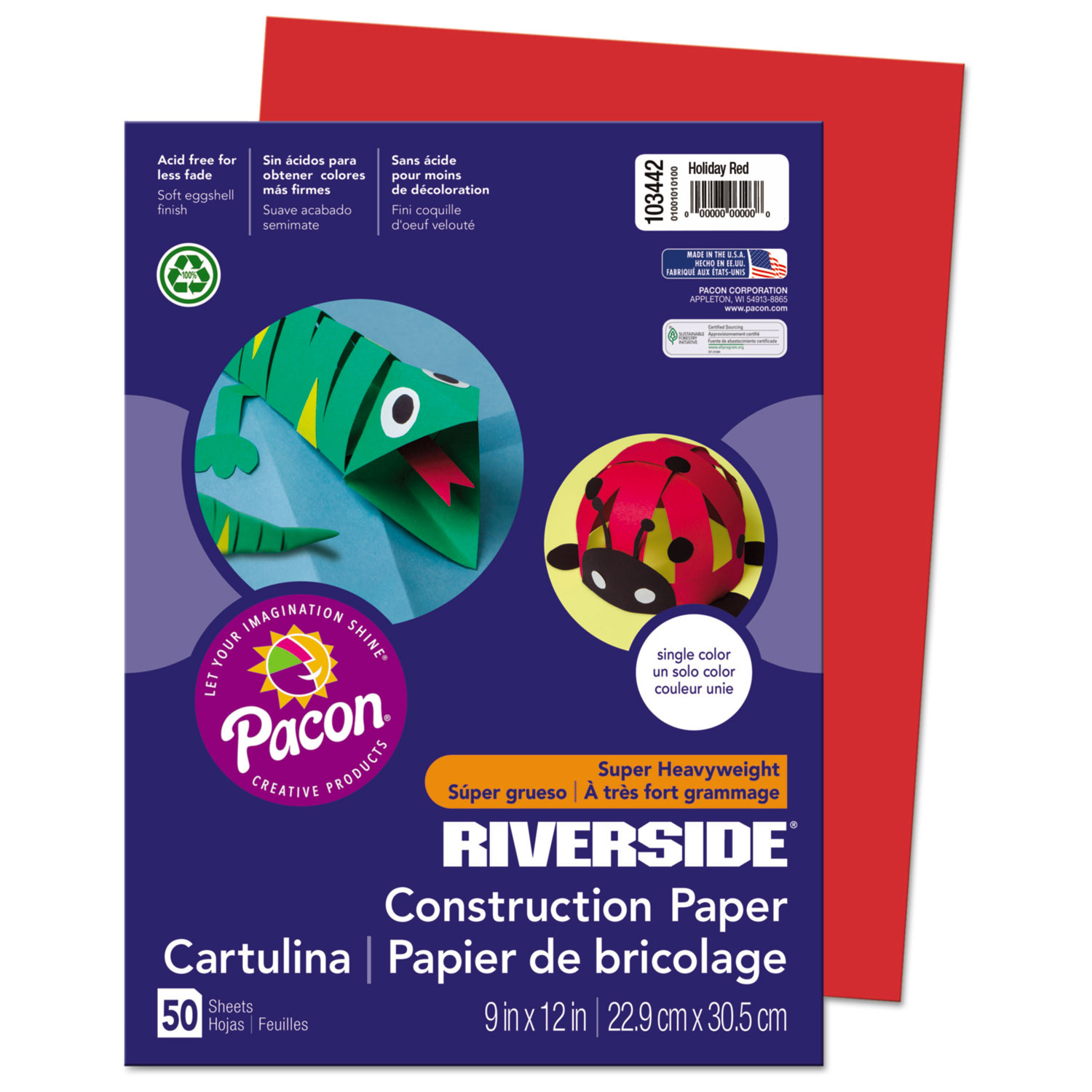  Pacon 103442 Riverside Construction Paper, 76lb, 9 x 12, Holiday Red, 50/Pack (PAC103442) 