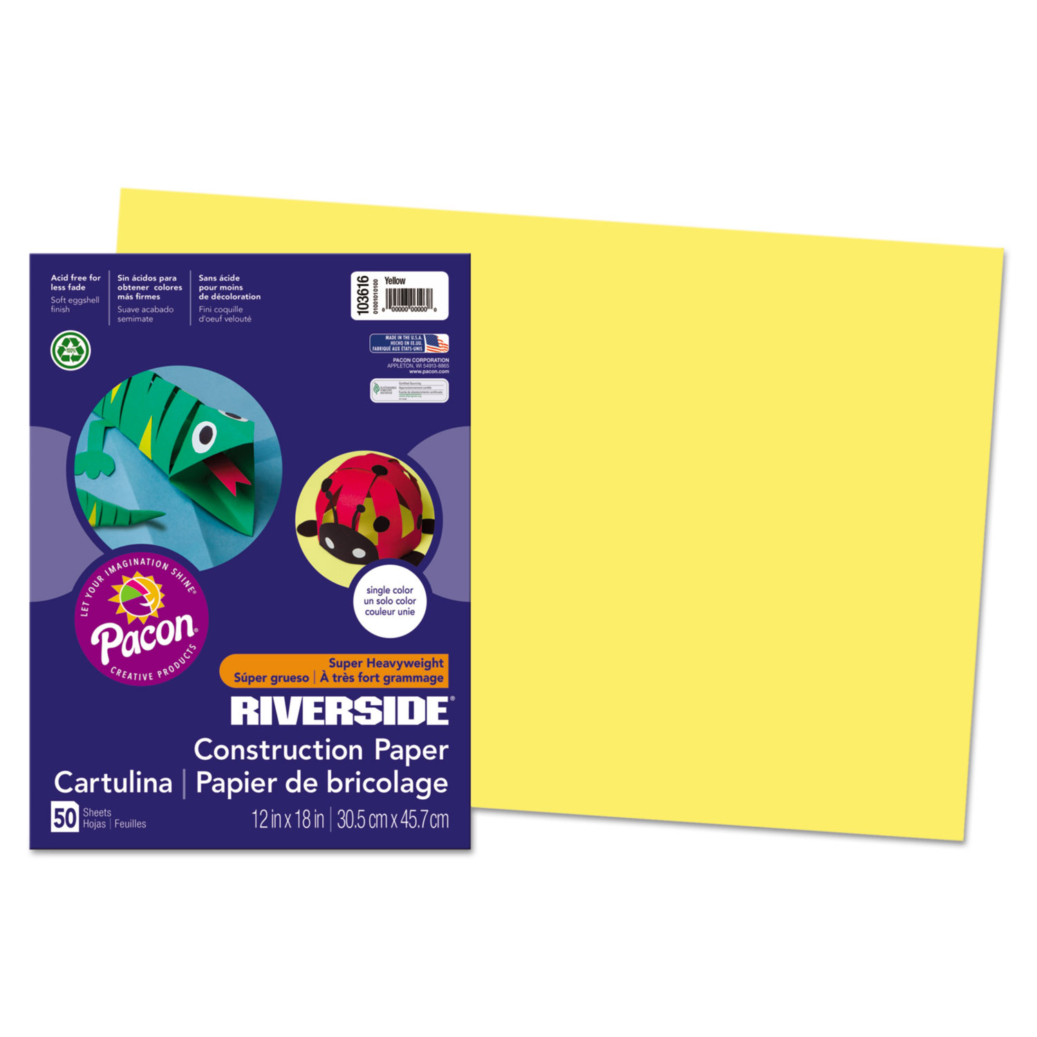  Pacon 103616 Riverside Construction Paper, 76lb, 12 x 18, Yellow, 50/Pack (PAC103616) 