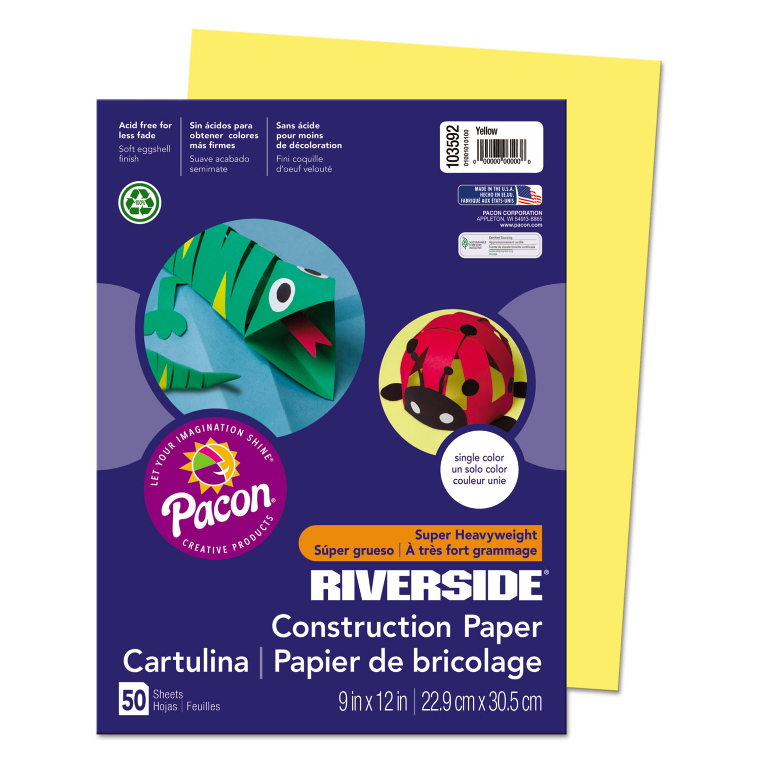  Pacon 103592 Riverside Construction Paper, 76lb, 9 x 12, Yellow, 50/Pack (PAC103592) 