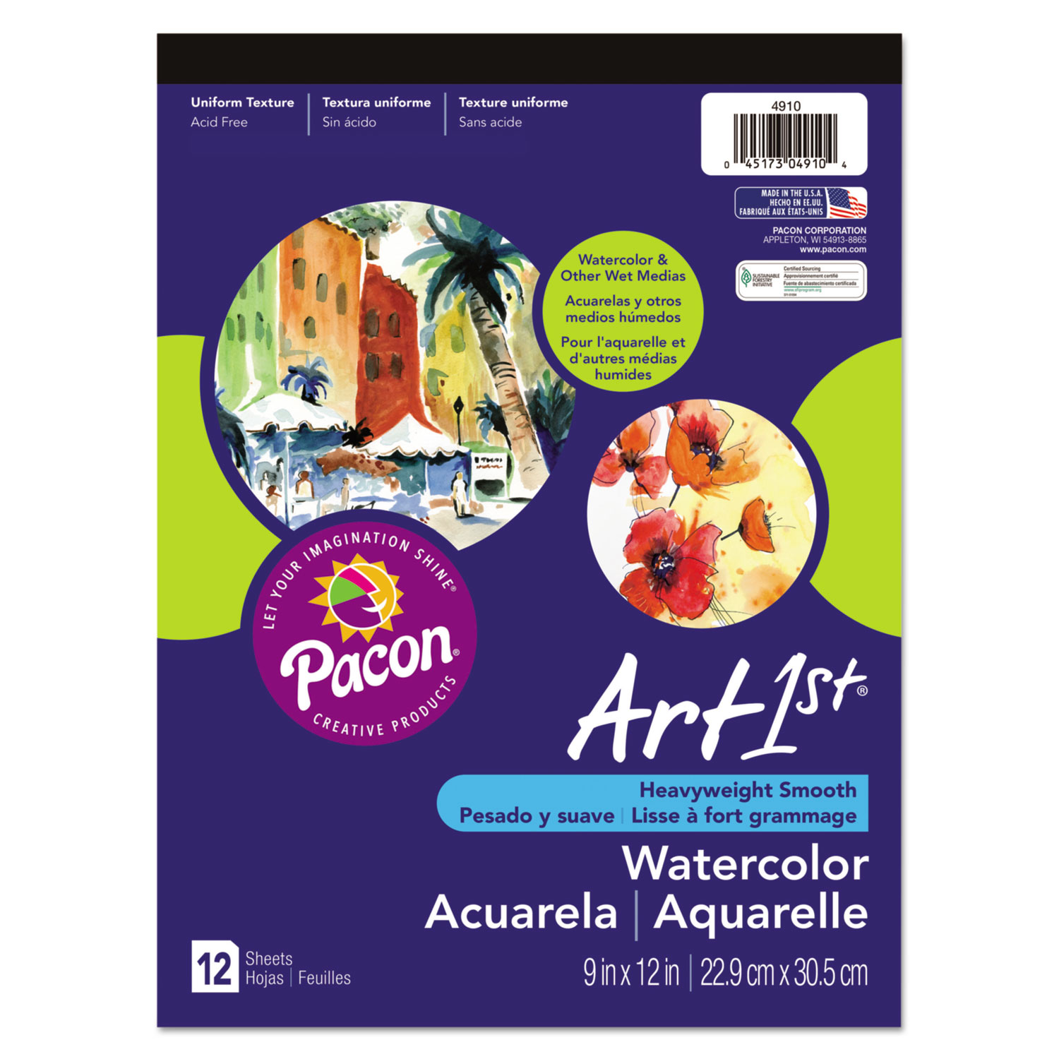  Pacon 4910 Artist Watercolor Paper Pad, 90 lb, 9 x 12, White, 12 Sheets (PAC4910) 