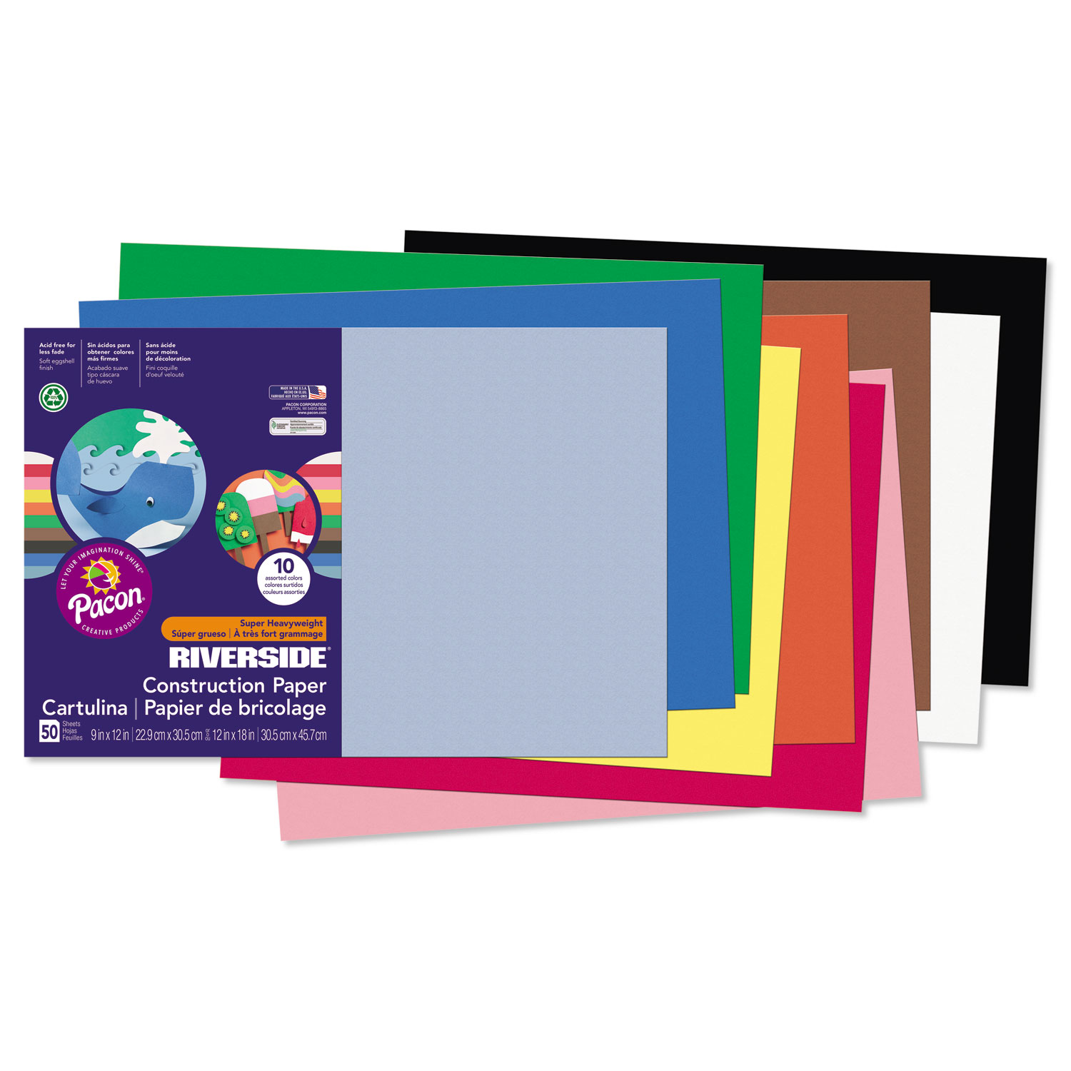  Pacon 103638 Riverside Construction Paper, 76lb, 12 x 18, Assorted, 50/Pack (PAC103638) 