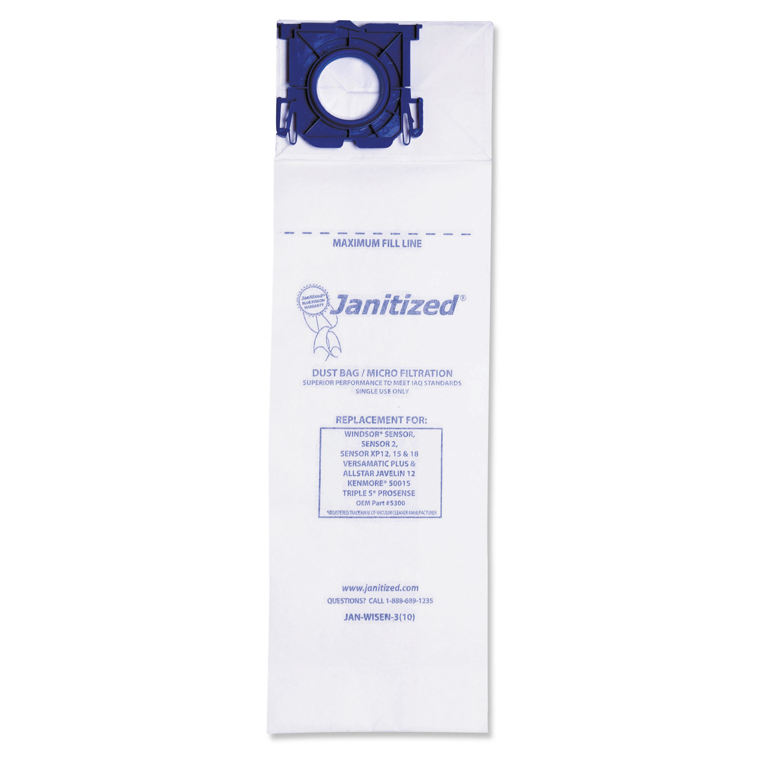  Janitized JAN-WISEN-3(10) Vacuum Filter Bags Designed to Fit Windsor Sensor S/S2/XP/Versamatic Plus, 100CT (APCJANWISEN3) 