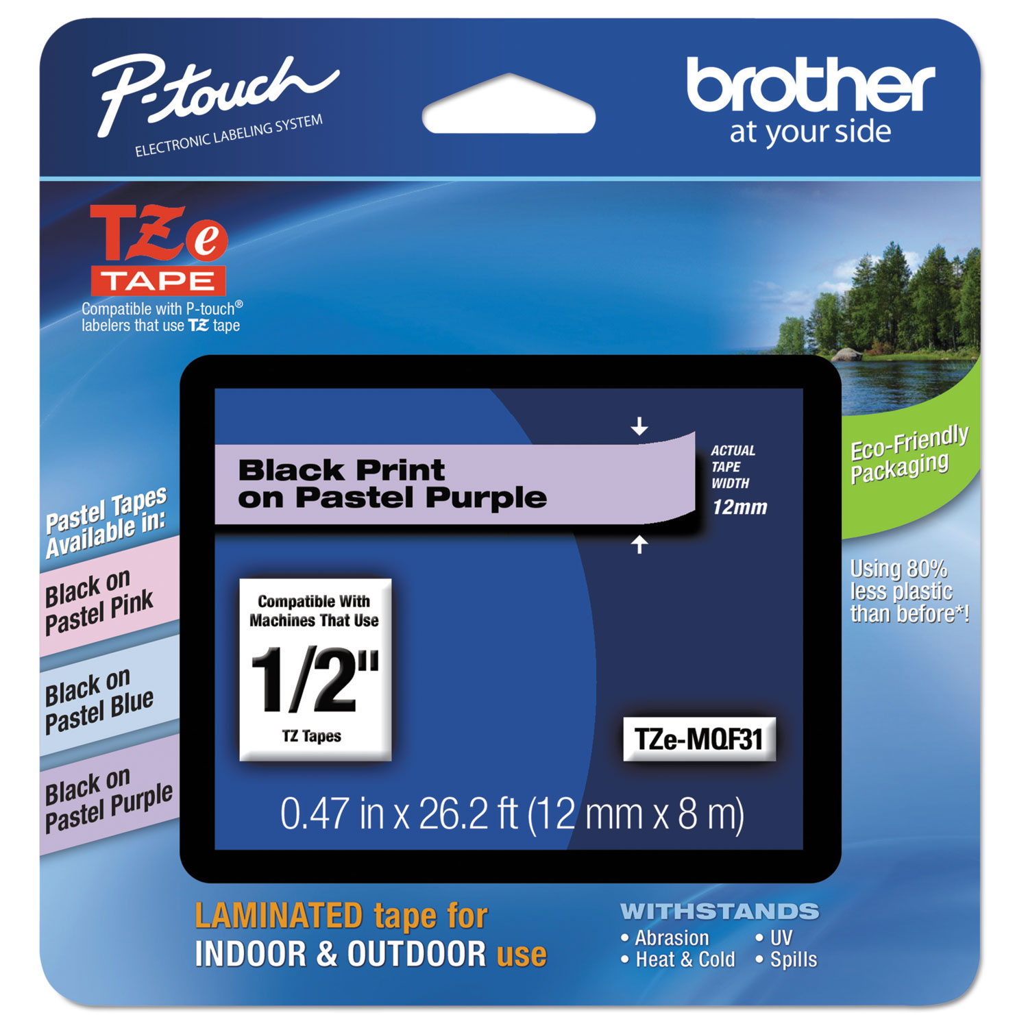  Brother P-Touch TZEMQF31 TZ Standard Adhesive Laminated Labeling Tape, 0.47 x 26.2 ft, Pastel Purple (BRTTZEMQF31) 