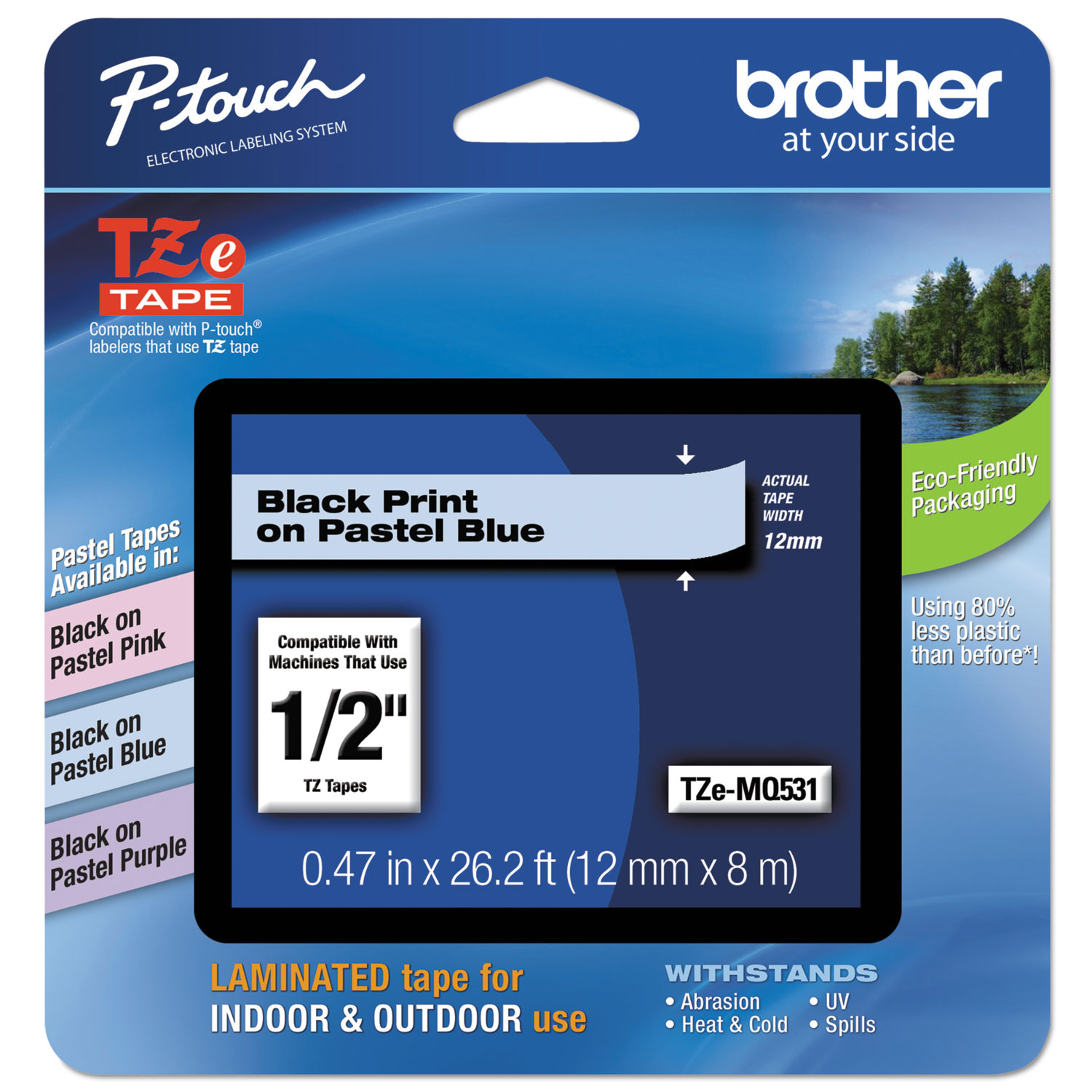  Brother P-Touch TZEMQ531 TZ Standard Adhesive Laminated Labeling Tape, 0.47 x 26.2 ft, Pastel Blue (BRTTZEMQ531) 