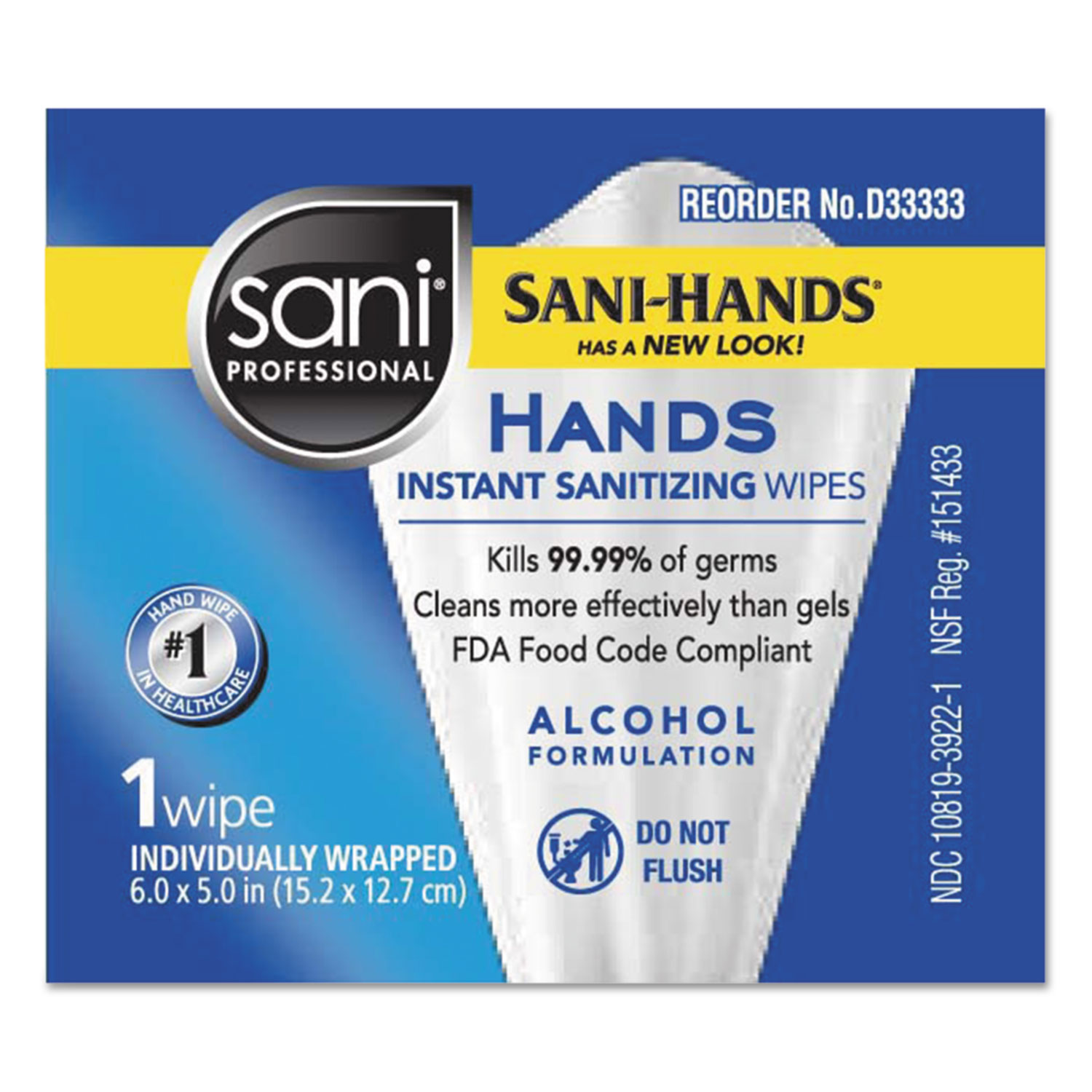 Sani-Hands Hands Instant Sanitizing Wipes, White, 5 x 7 3/4, 3000 Packets/Carton