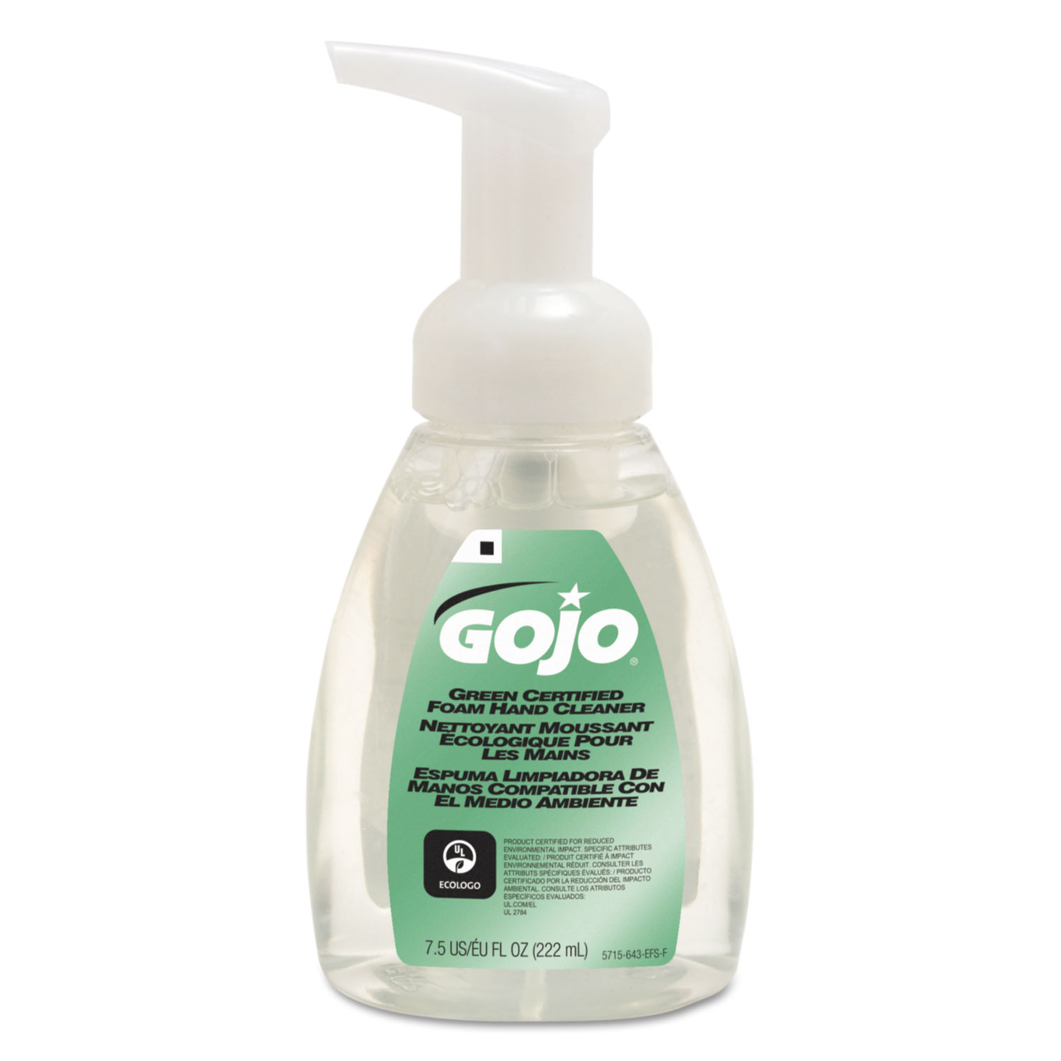  GOJO 5715-06 Green Certified Foam Soap, Fragrance-Free, Clear, 7.5oz Pump Bottle (GOJ571506EA) 