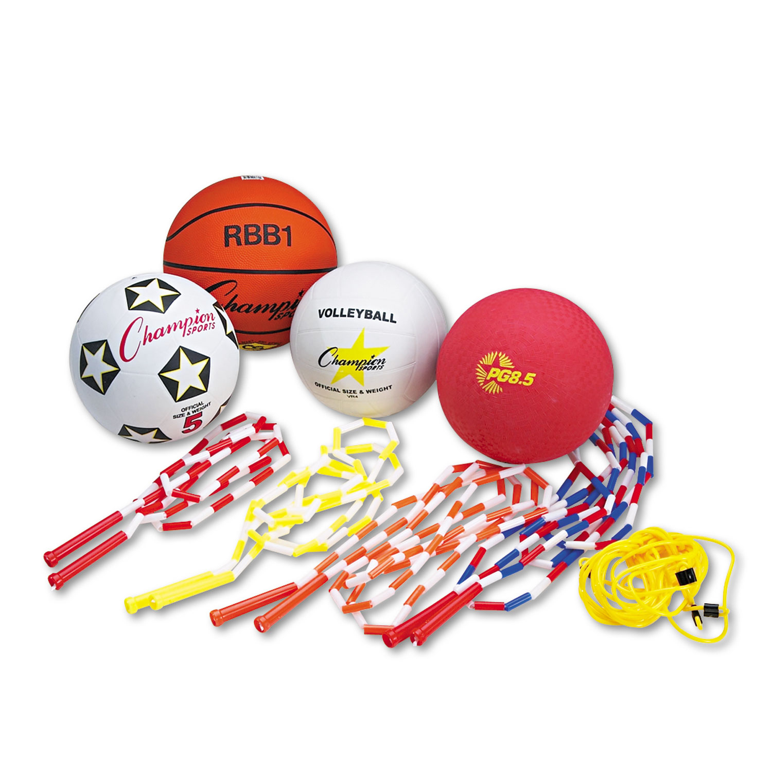 Physical Education Kit w/Seven Balls, 14 Jump Ropes, Assorted Colors