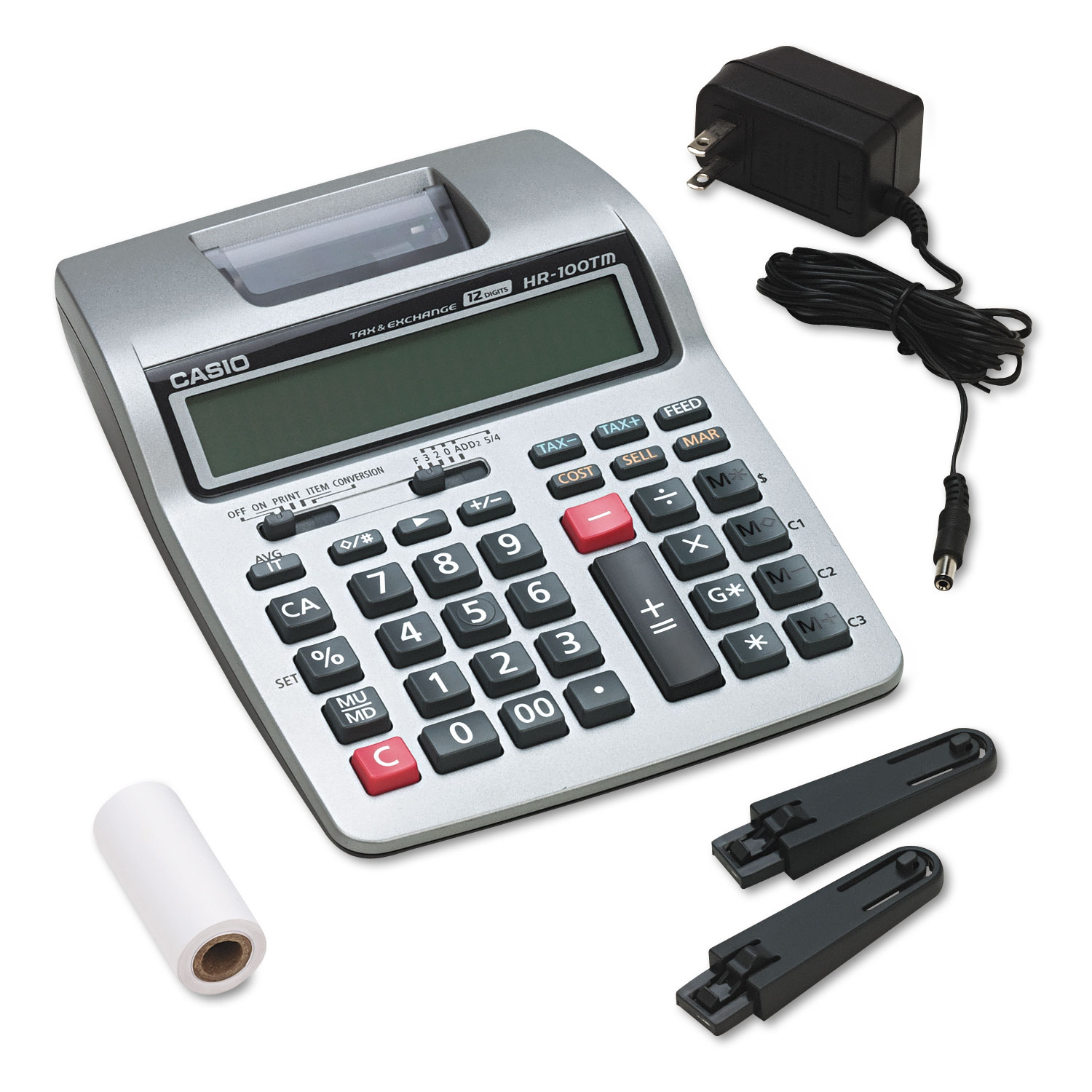HR-100TM Two-Color Portable Printing Calculator, Black/Red Print, 2 Lines/Sec