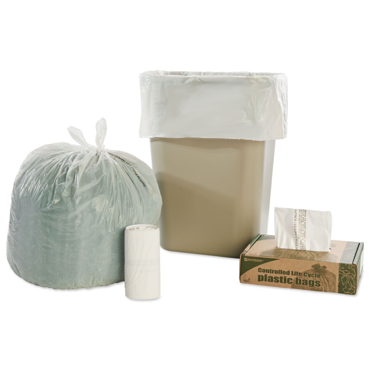 Controlled Life-Cycle Plastic Trash Bags, 33 gal, 1.1 mil, 33 x 40, Green,  40/Box - Supply Box