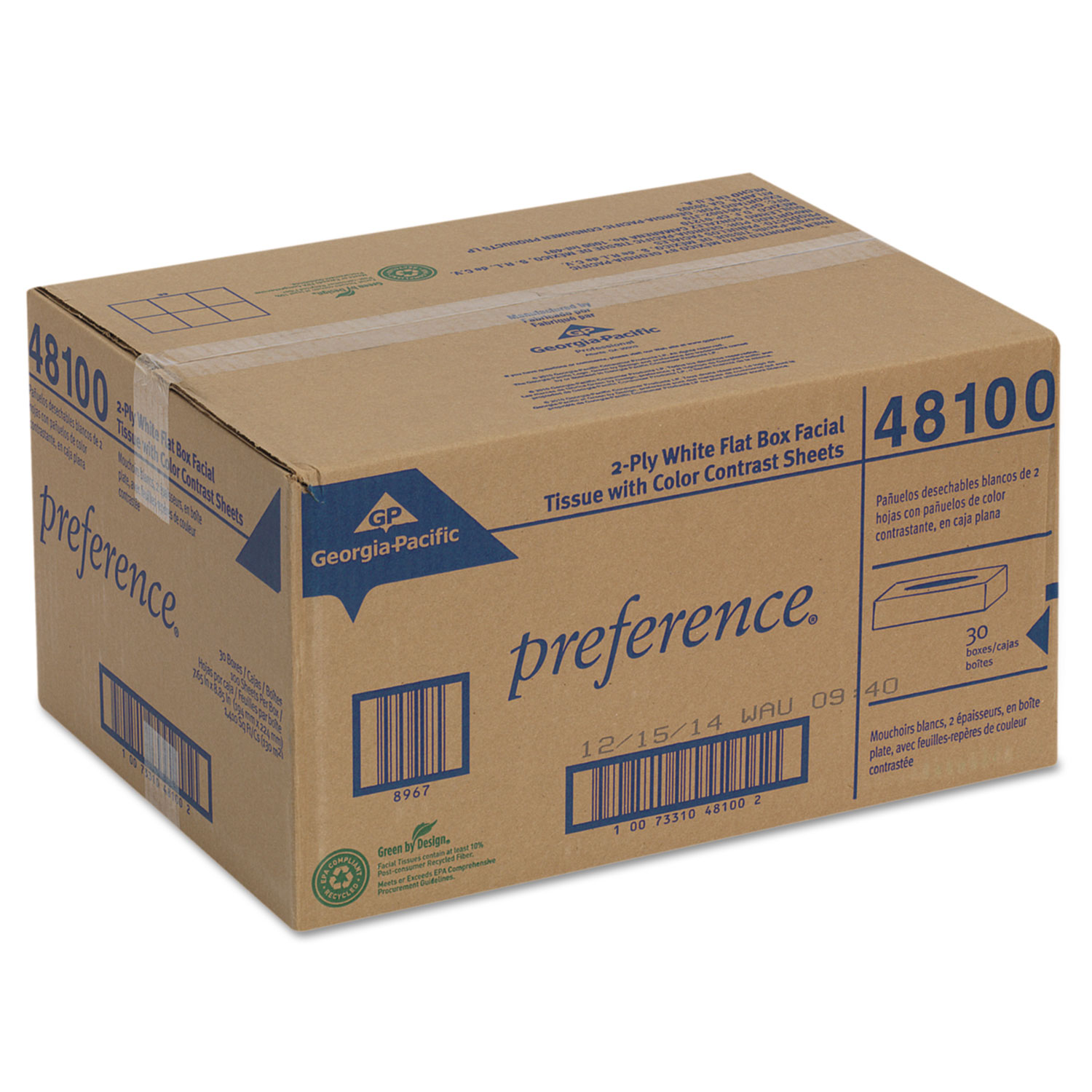 Facial Tissue, Flat Box, 100 Sheets/Box, 30 Boxes/Carton